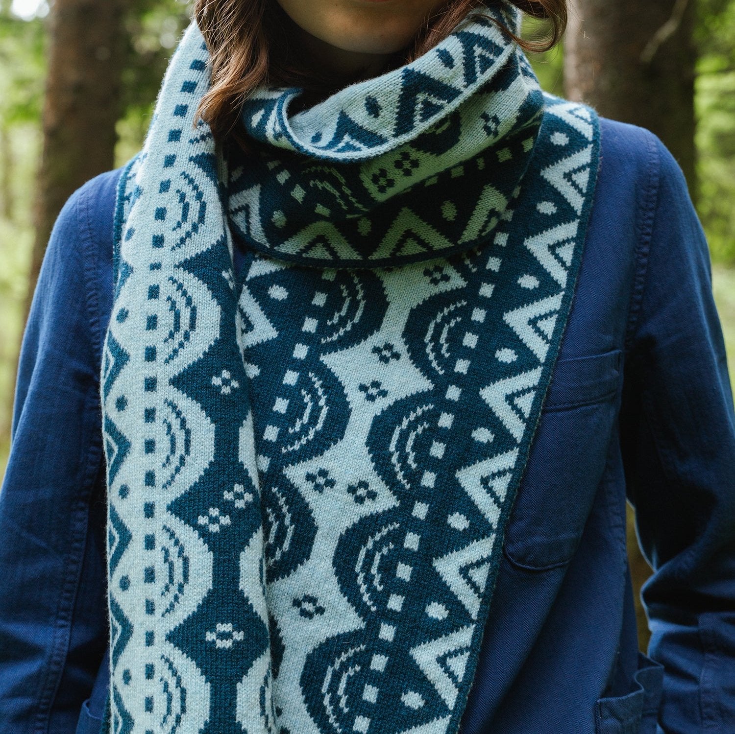 Teal and light teal patterned knit scarf with geometric design.