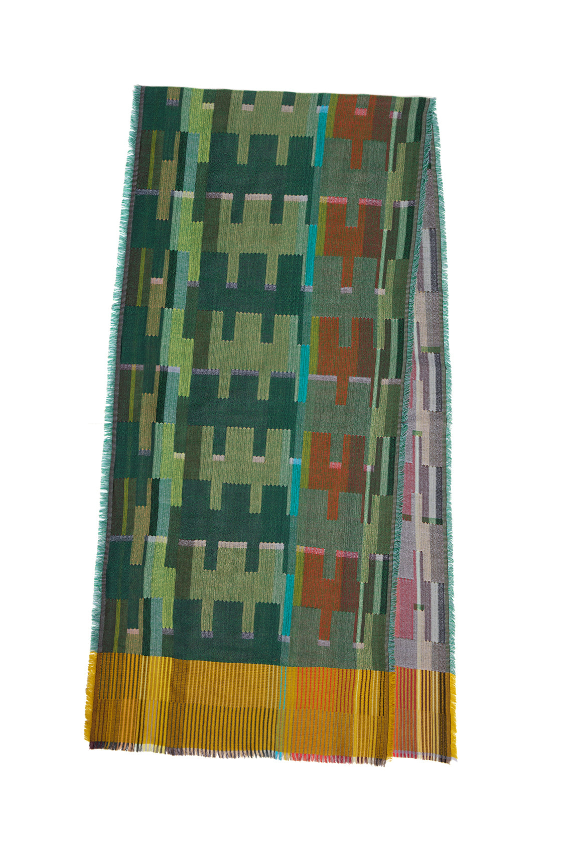 Woven scarf with geometric pattern in greens, oranges, and yellows; fringed edges.