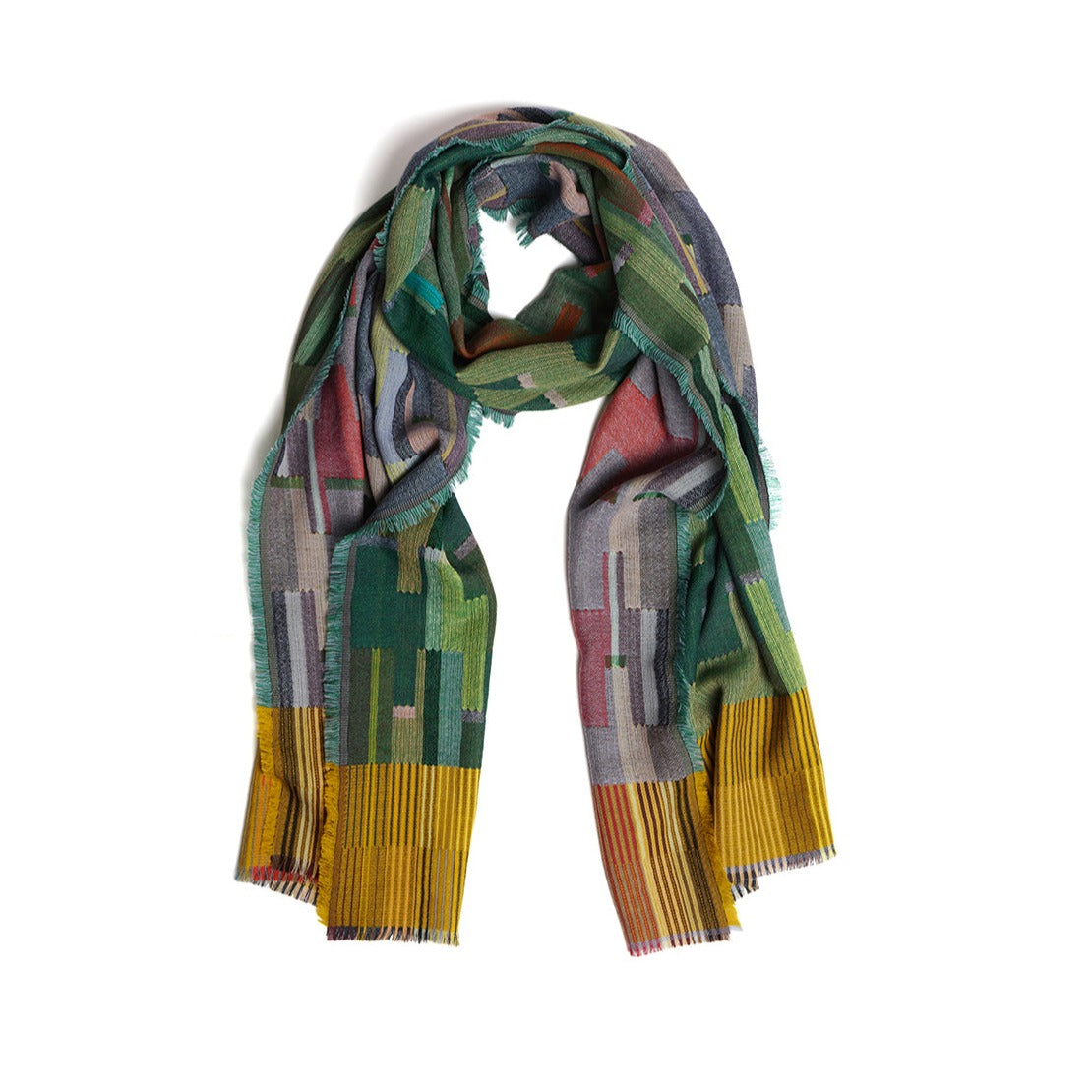 Woven scarf with a geometric pattern in greens, reds, and yellows; mustard yellow accents at the edges.