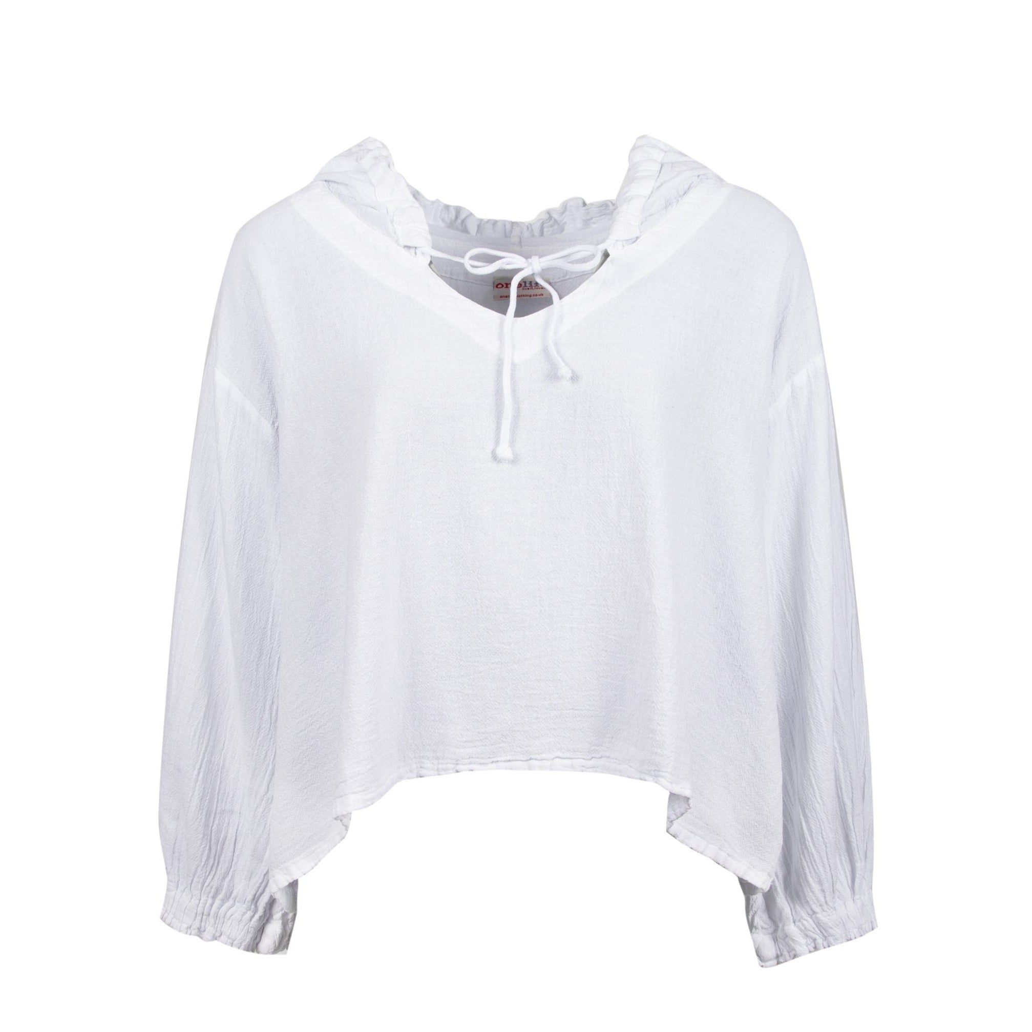 White cropped hooded top with long sleeves and drawstring neckline.  The fabric has a slightly textured appearance.