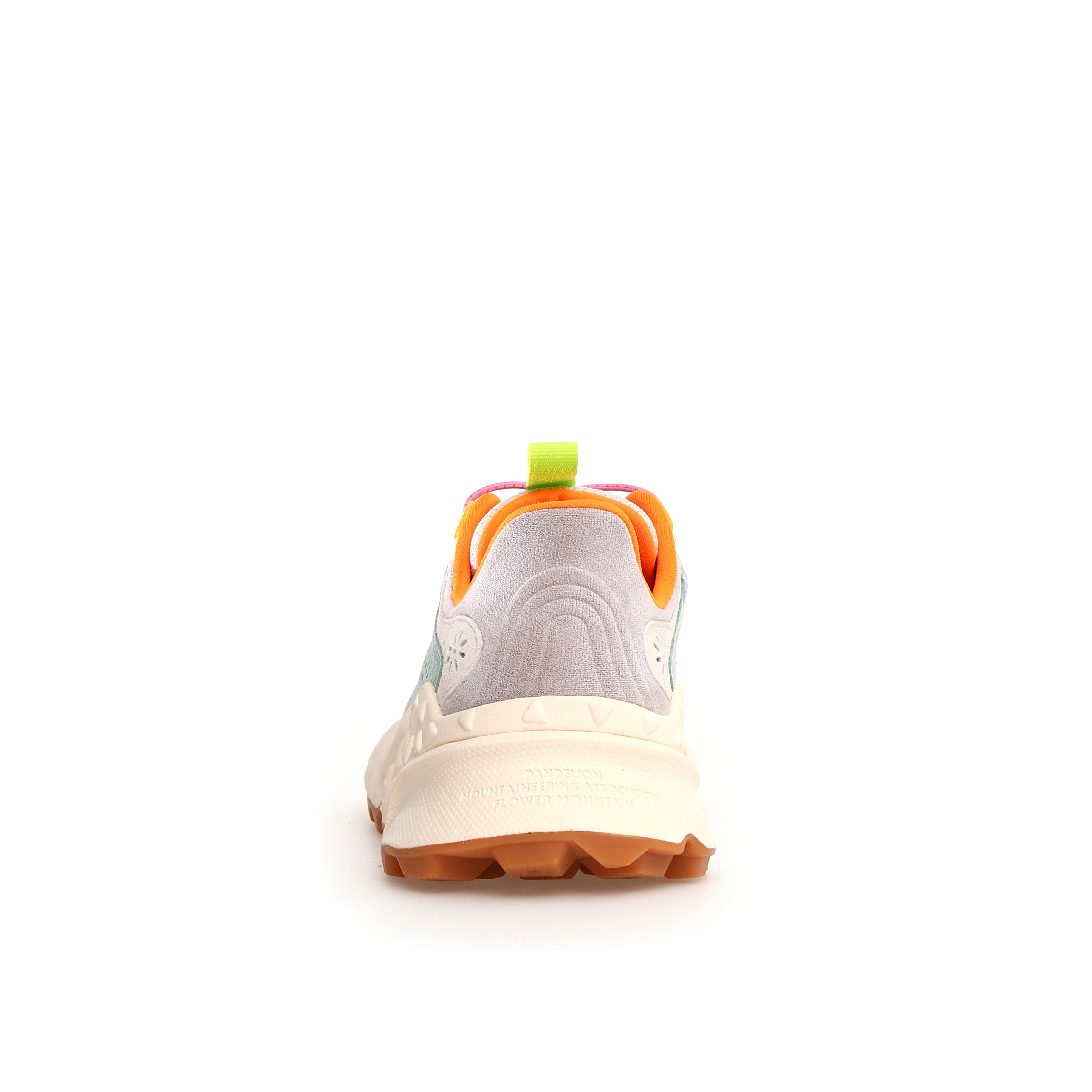 Rear view of a light grey and teal sneaker with orange and lime green accents, featuring a chunky off-white sole with brown