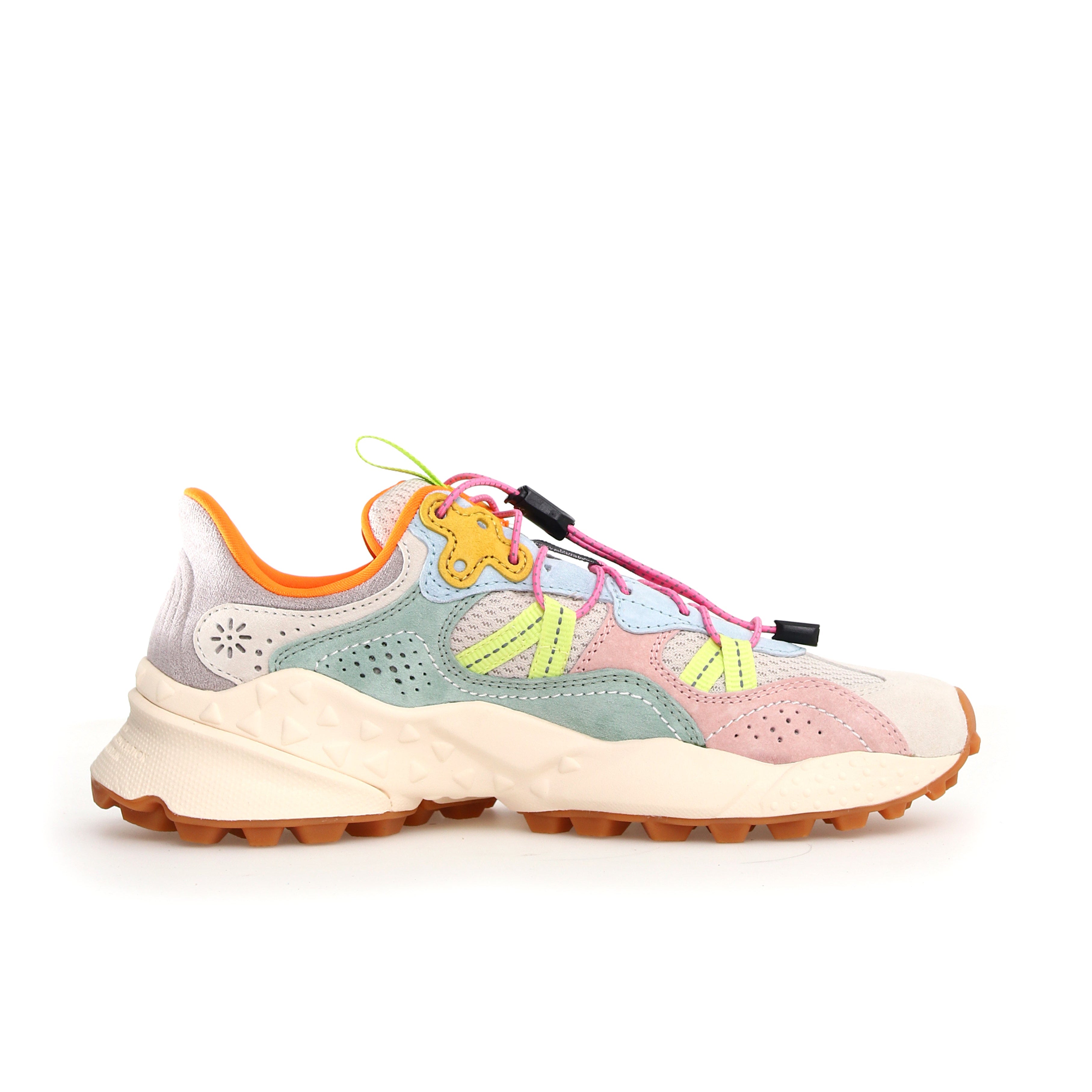 Pastel-colored low-top sneaker with chunky off-white sole and gum rubber outsole.