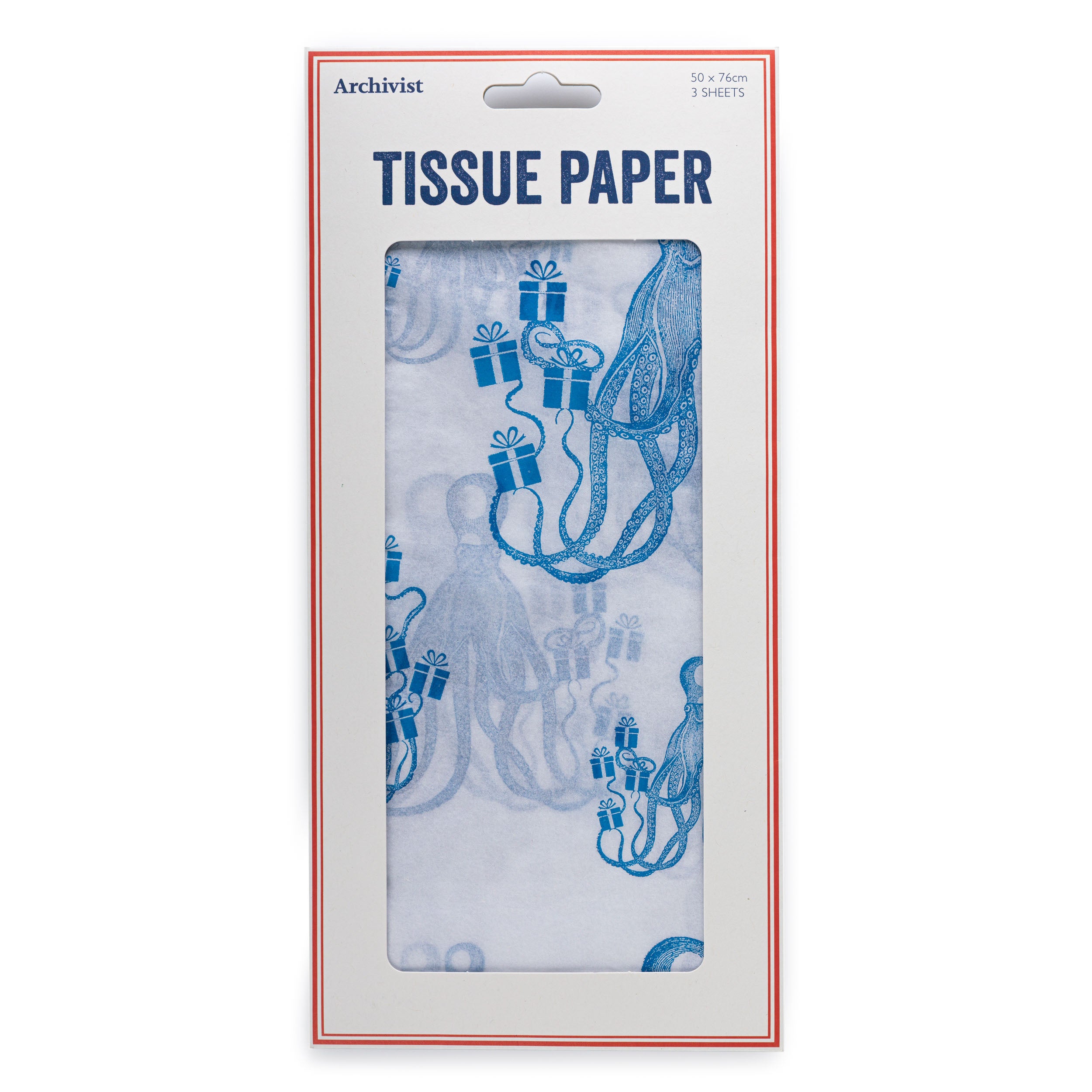 Three sheets of light blue tissue paper featuring a repeating pattern of blue octopuses carrying presents.