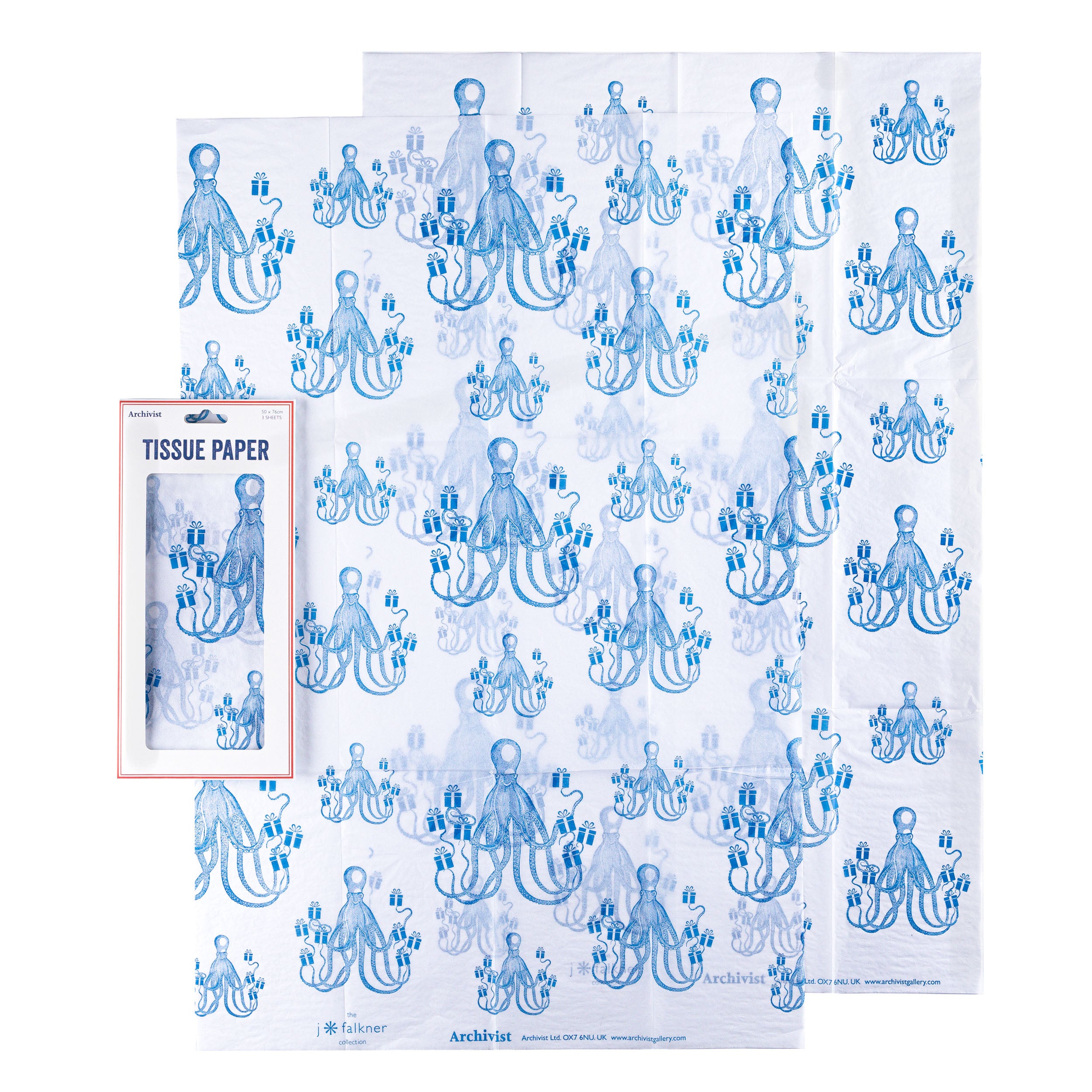Three sheets of blue octopus-and-gift-printed tissue paper.