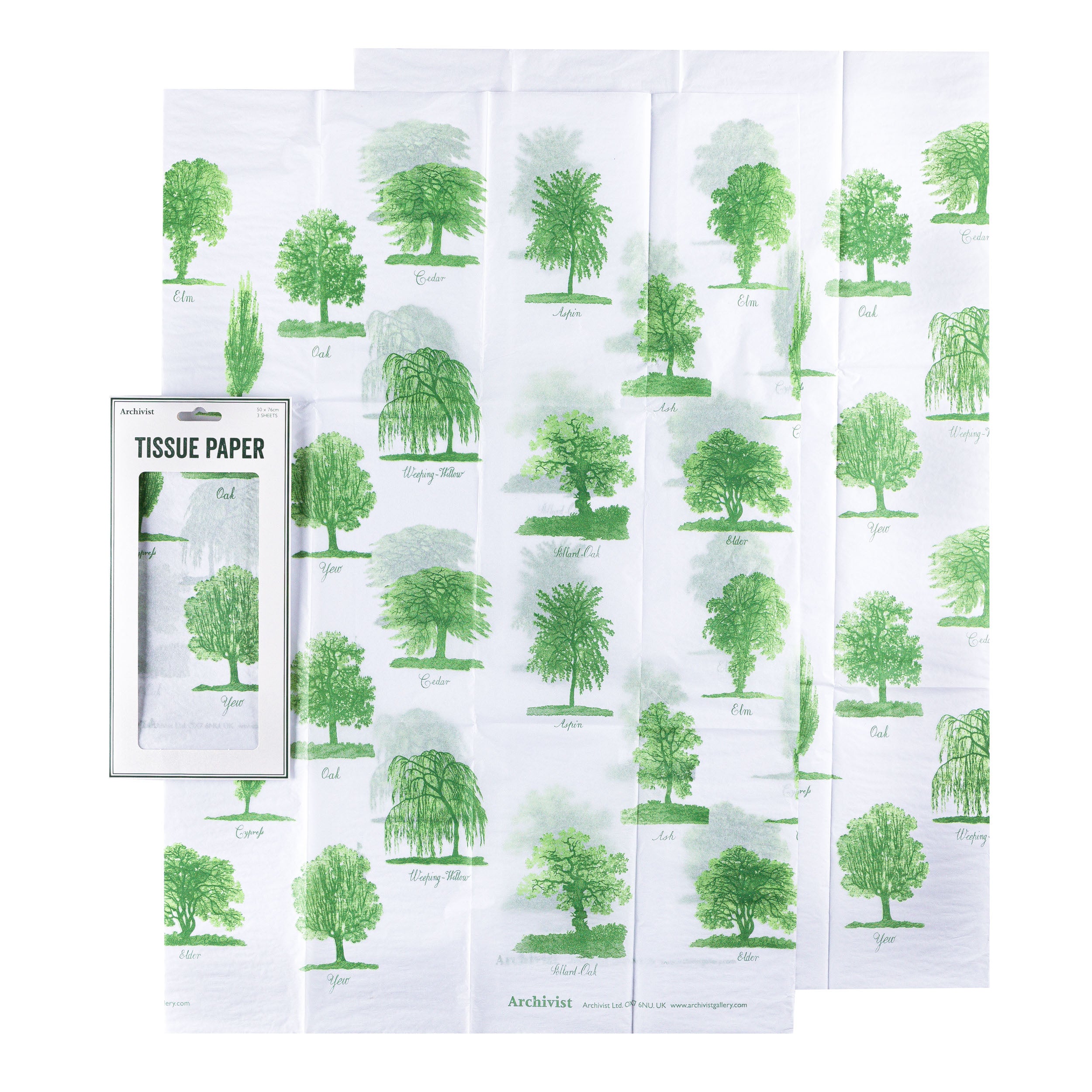 Three-sheet pack of Archivist tissue paper featuring a green tree illustration design.