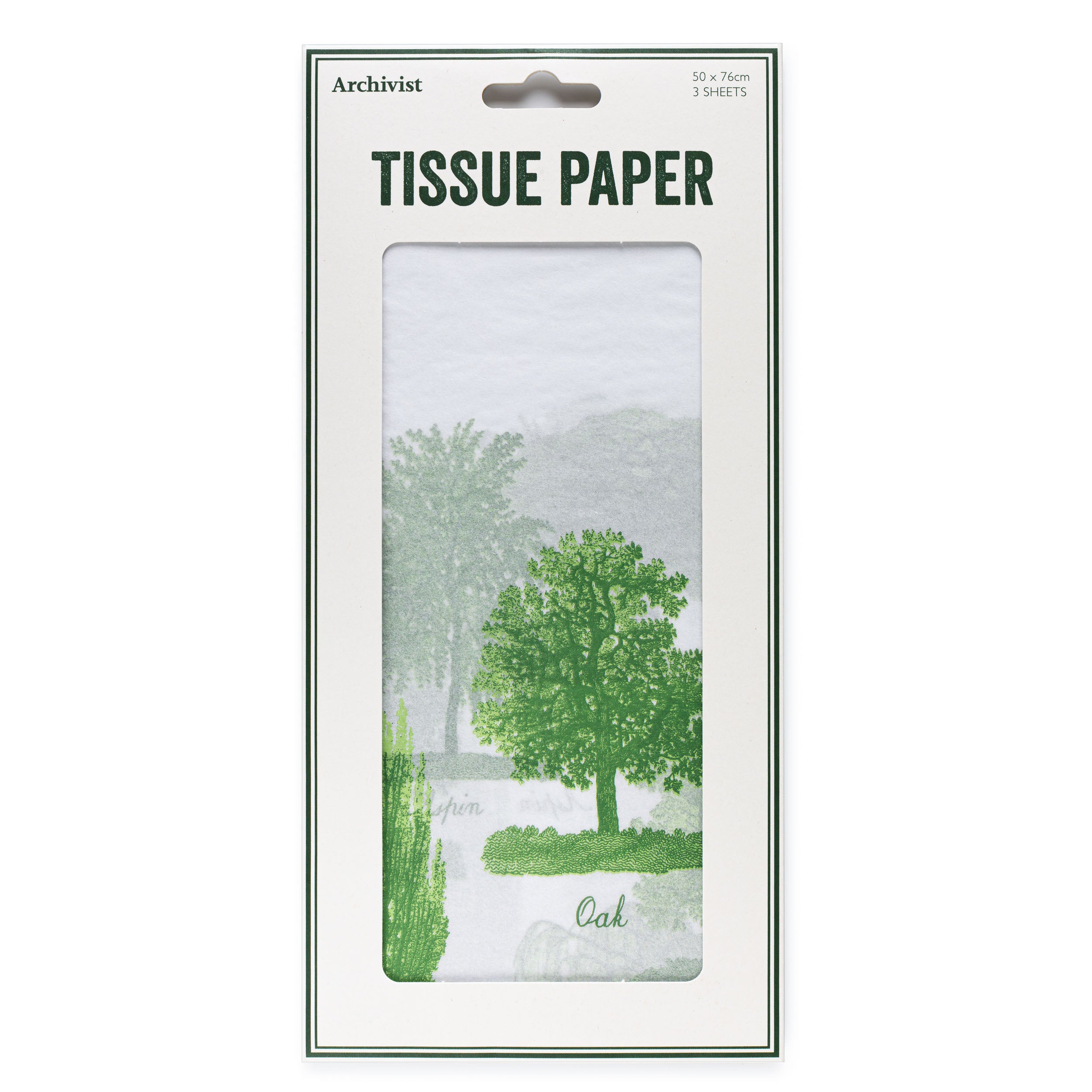 Archiviist brand tissue paper, 3 sheets, 50 x 76cm. Features a green oak tree illustration on a white background.