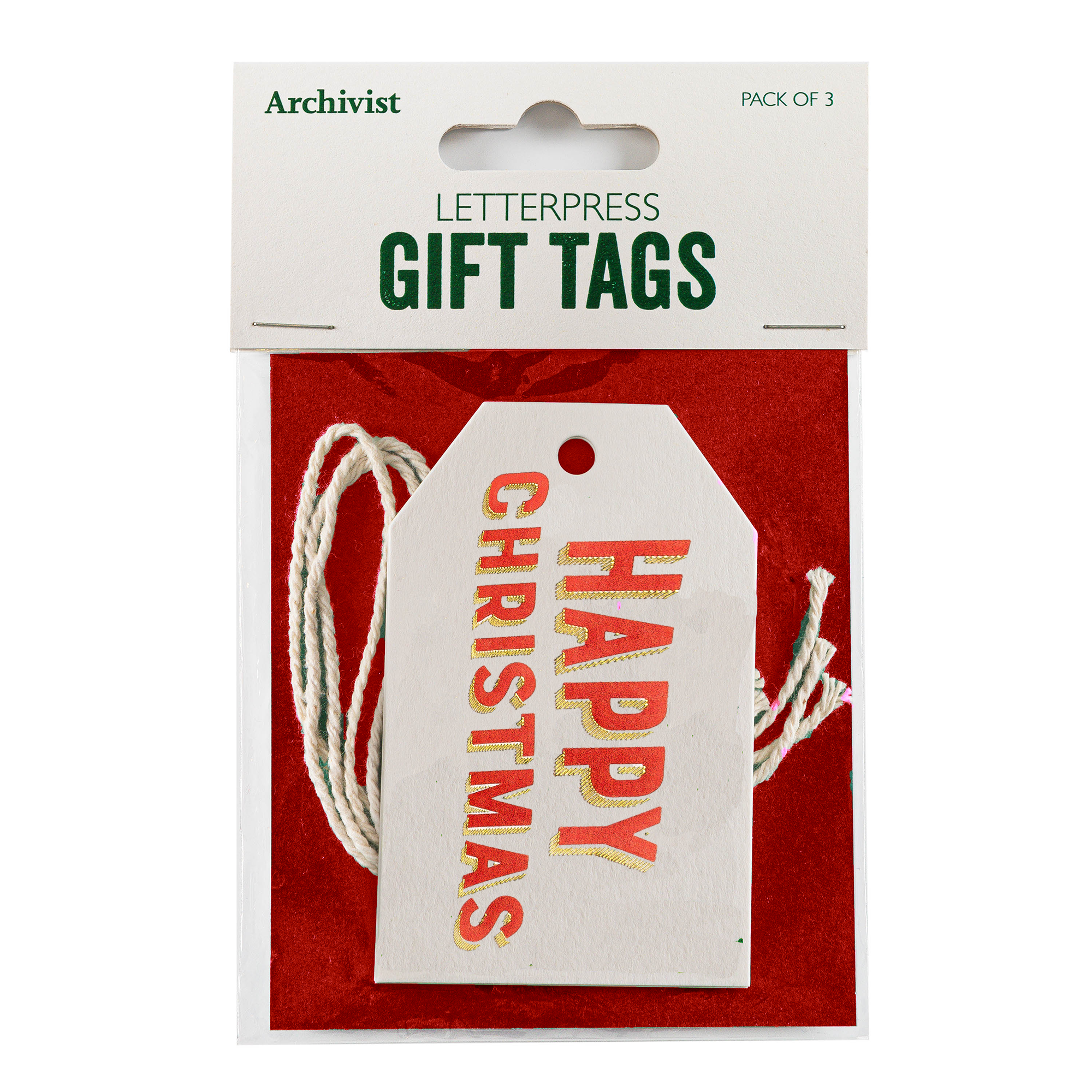 Pack of three letterpress Christmas gift tags.