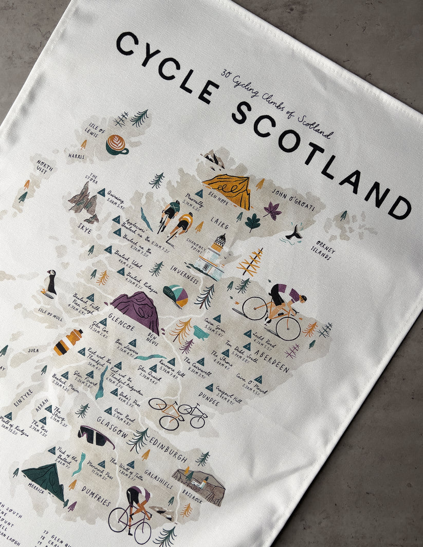 Illustrated tea towel depicting a map of Scotland, highlighting 30 cycling climbs with illustrated cyclists and elevation