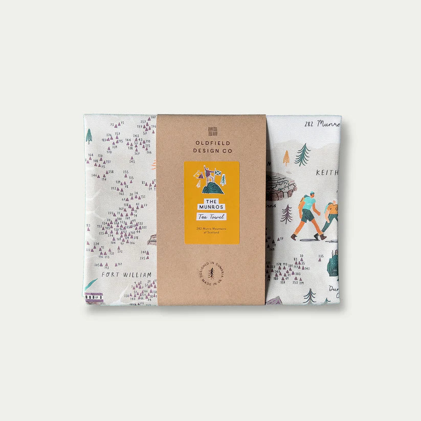 Tea towel featuring a map of the 282 Munros mountains of Scotland. Illustrative hikers are included.