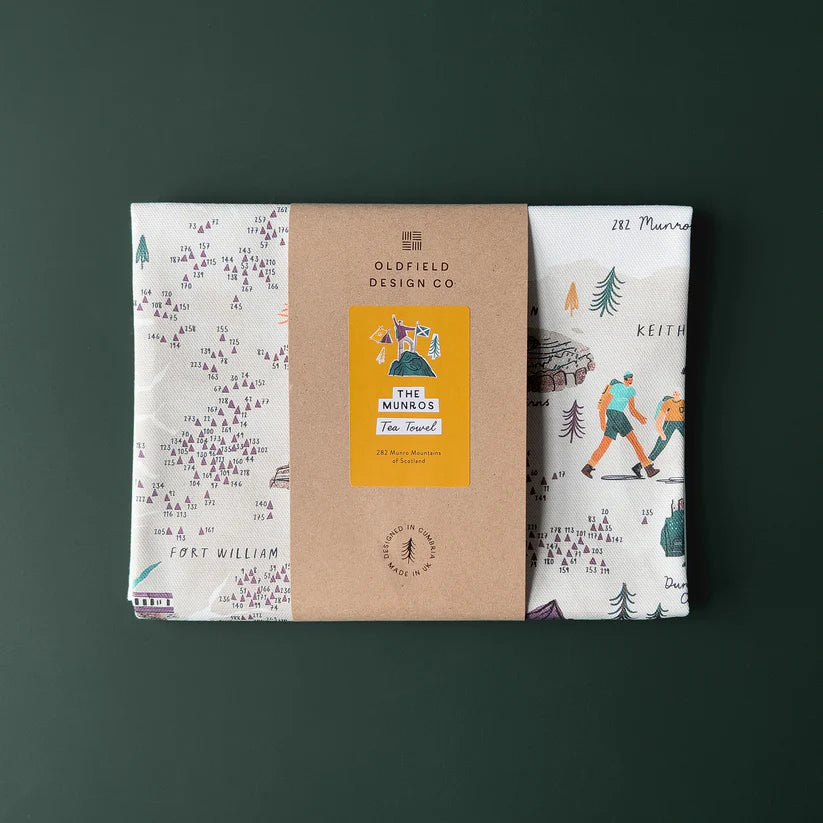 Tea towel featuring a map of the 282 Munro Mountains of Scotland. Illustrative hikers are depicted on the design.