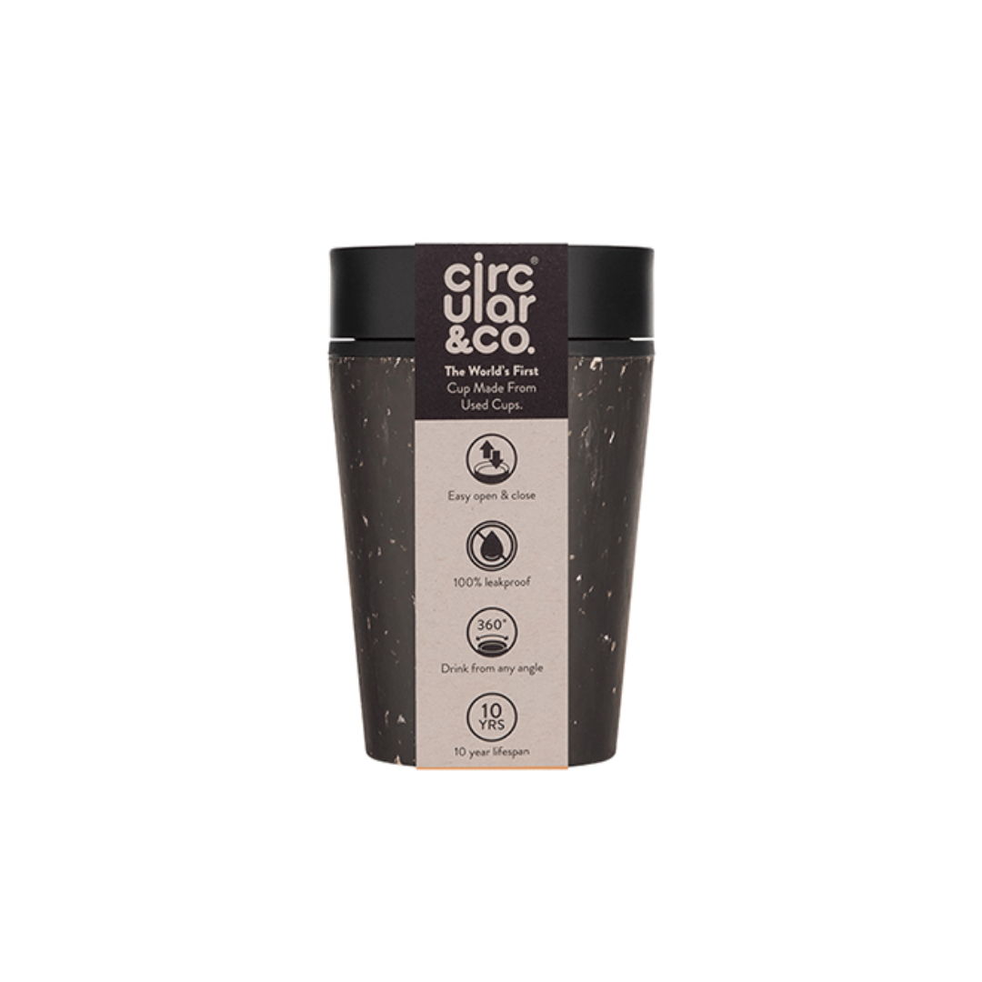 Black Circular & Co. reusable cup made from recycled cups; leakproof, 360° drinking, 10-year lifespan.