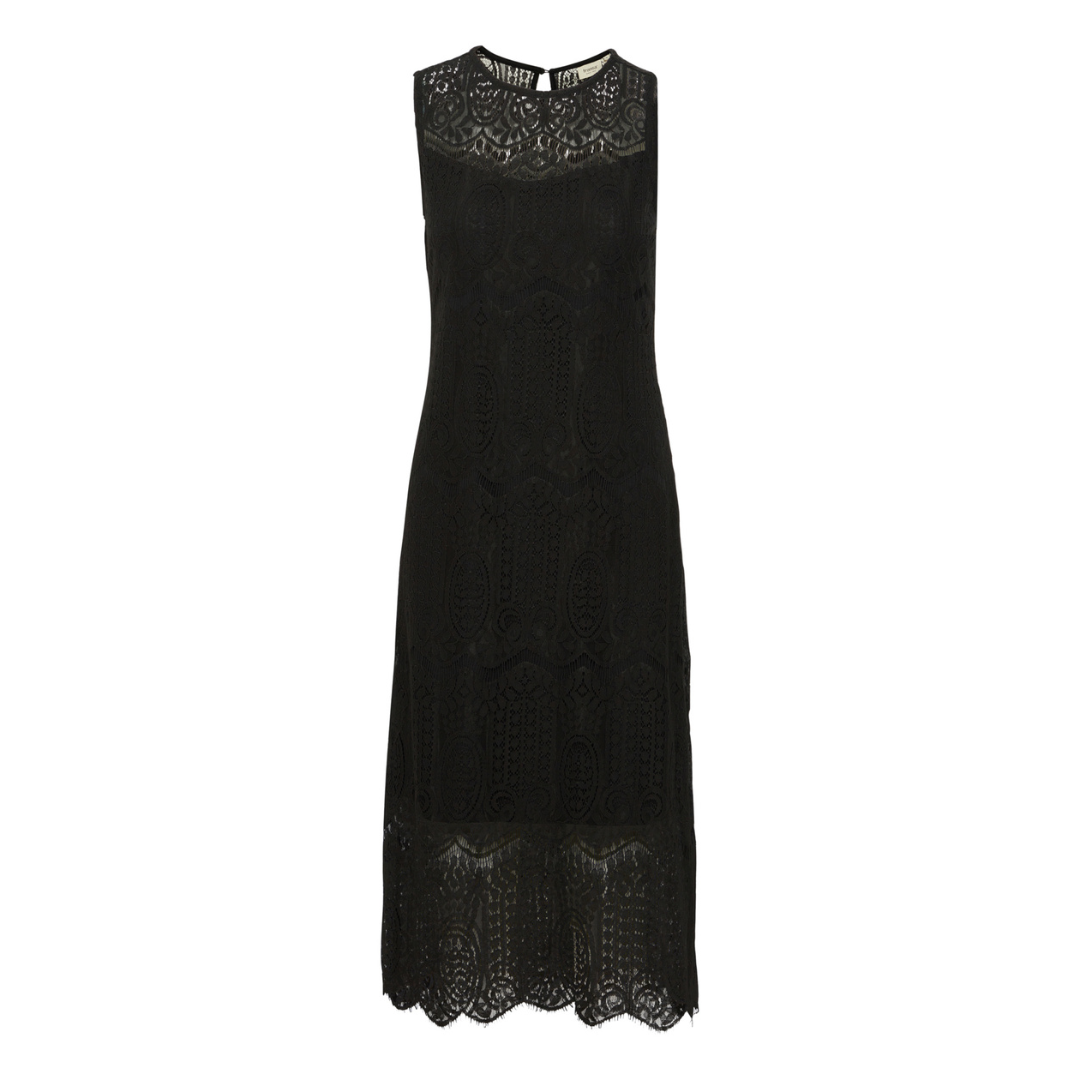 Black sleeveless midi dress with an intricate lace pattern and scalloped hem.