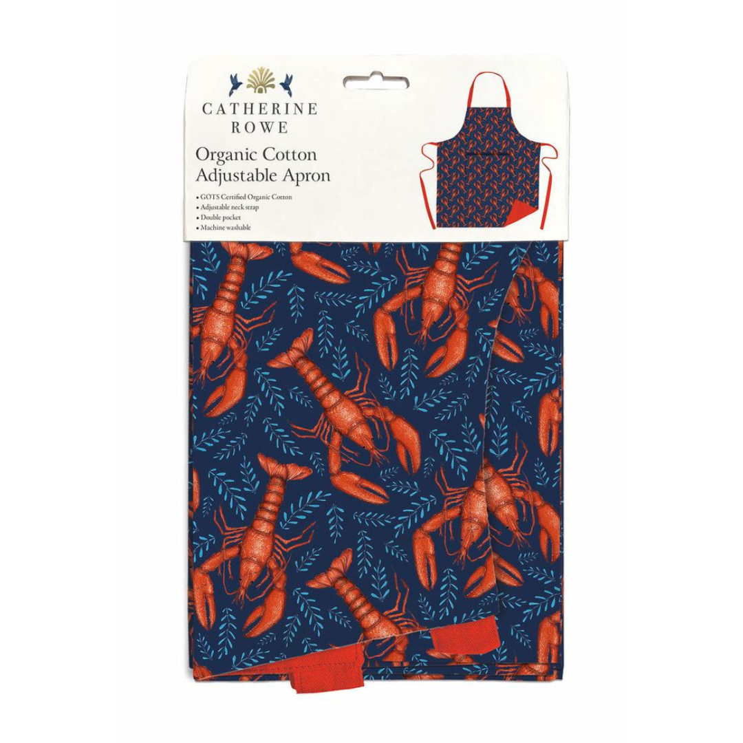 Catherine Rowe organic cotton adjustable apron with a lobster and leaf pattern on a navy background.