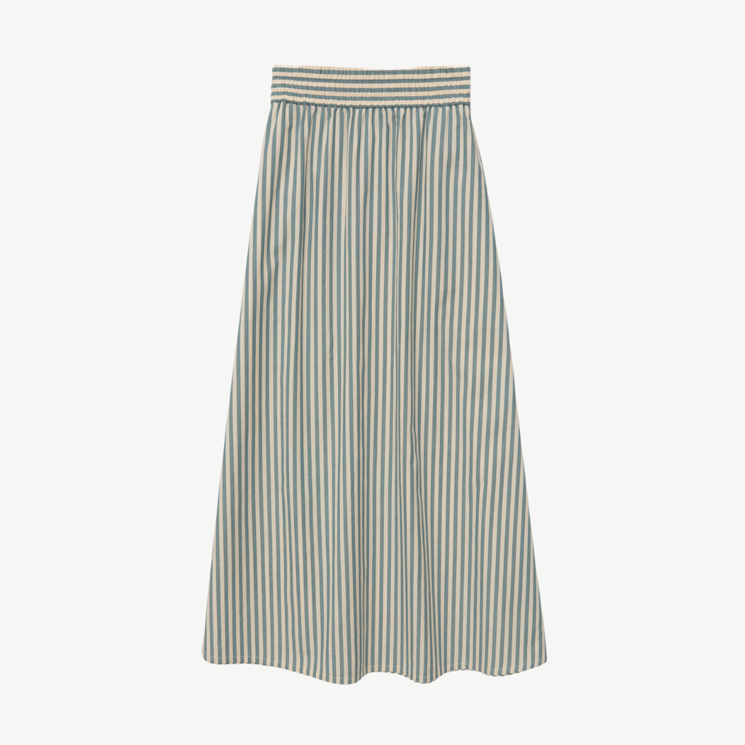 A beige and teal striped midi skirt with an elastic waistband.
