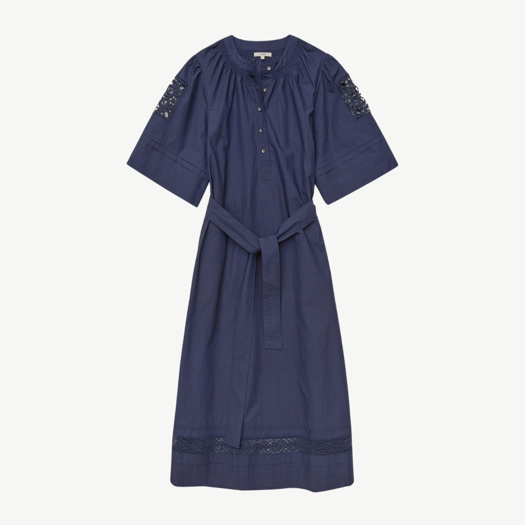 Navy blue midi dress with short sleeves, a self-tie belt, and lace detailing at the shoulders and hem.