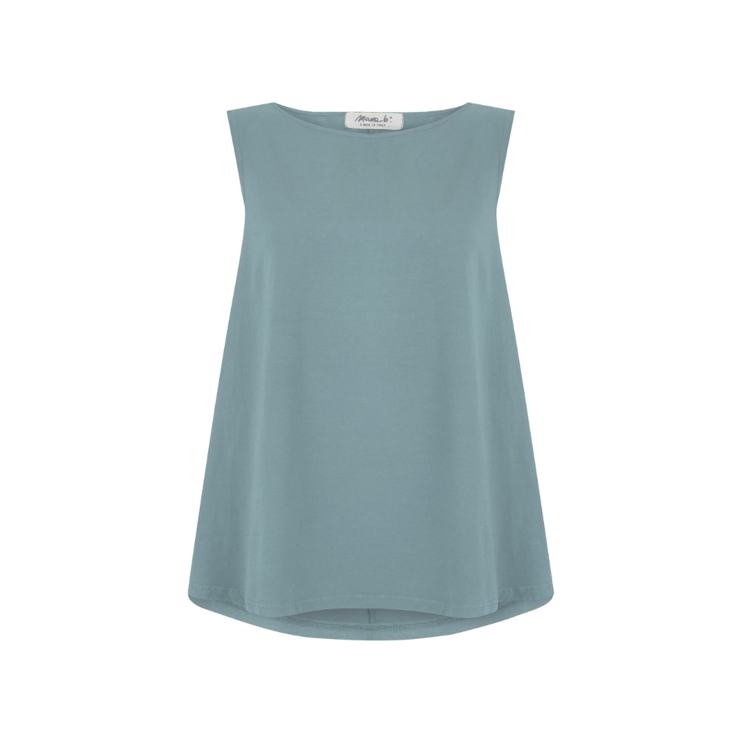 Dusty blue sleeveless A-line top with a round neckline.