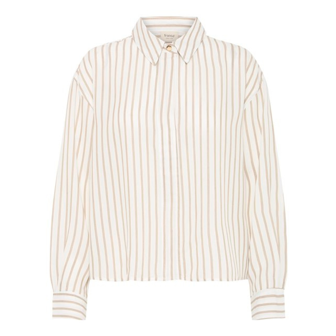 A white and kangaroo stripe patterned long-sleeved shirt with a collar.
