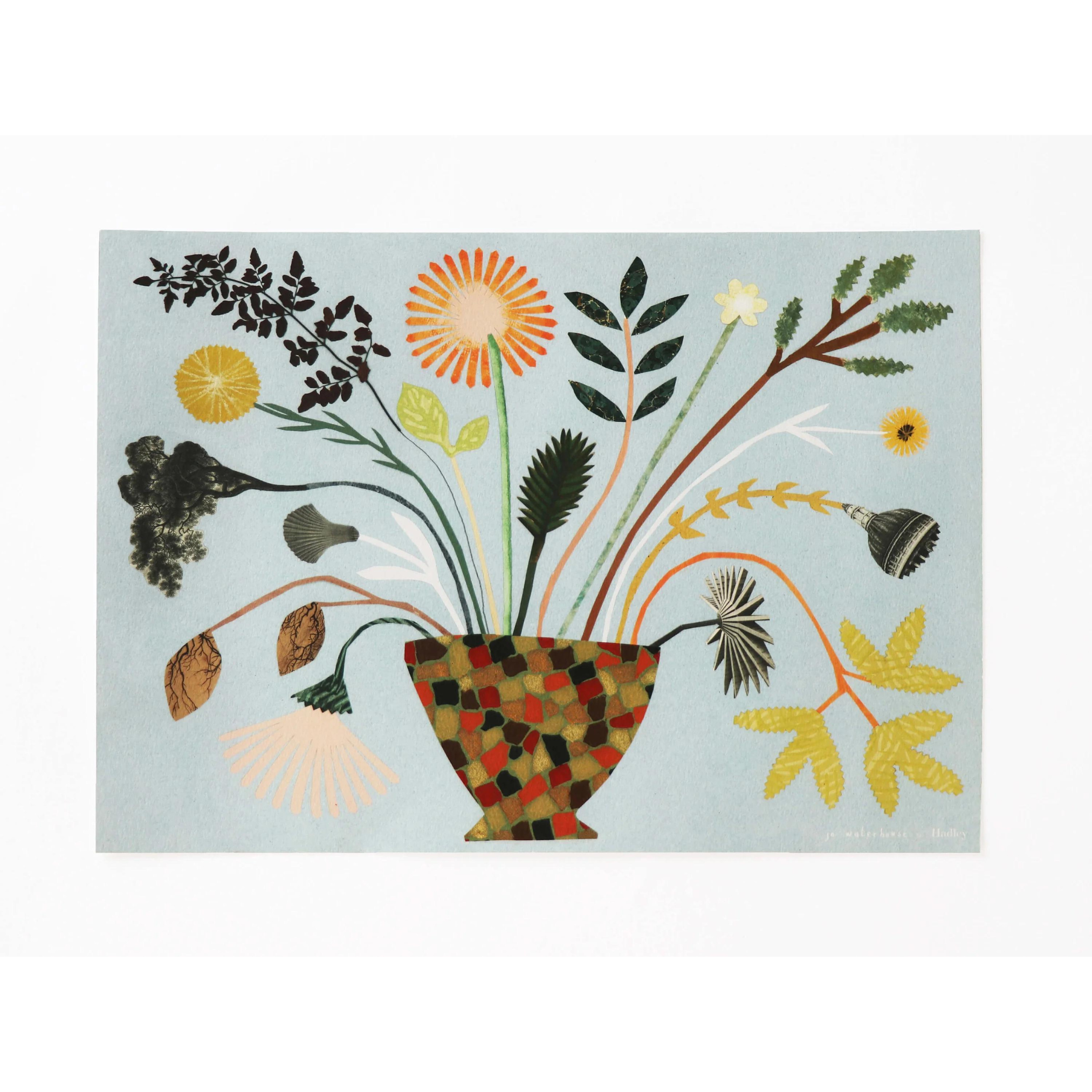 Collage artwork depicting a mosaic-tiled vase filled with various stylized flowers and foliage.