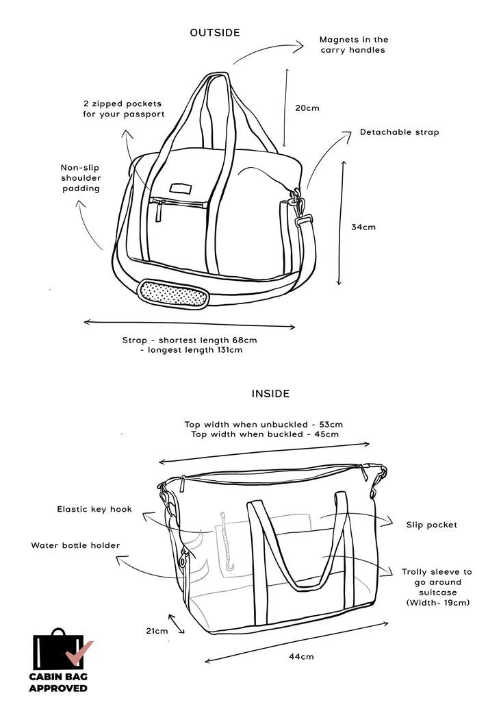 Line drawing of a cabin-approved bag, showing exterior and interior views with dimensions.