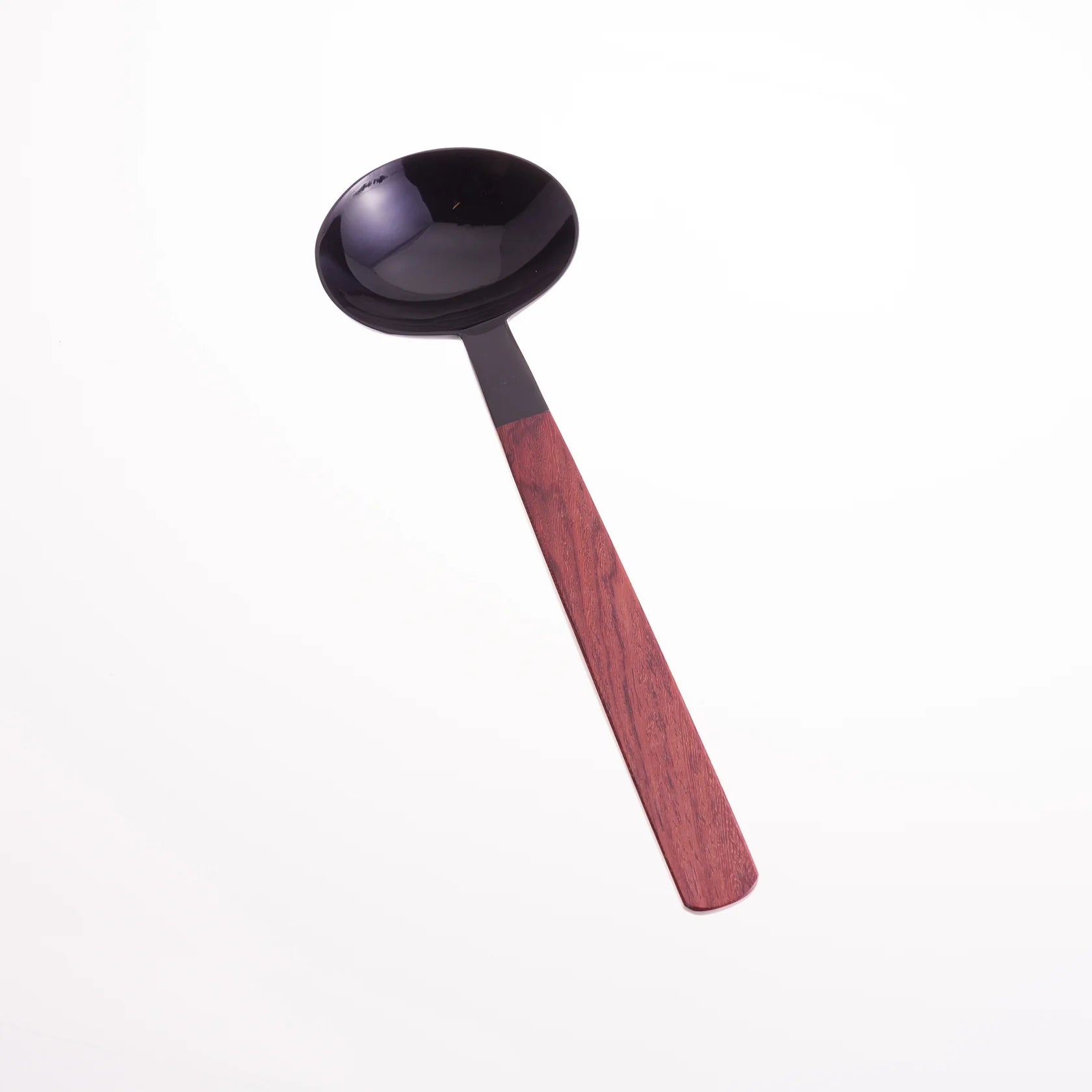 Black metal ladle with a dark reddish-brown wooden handle.