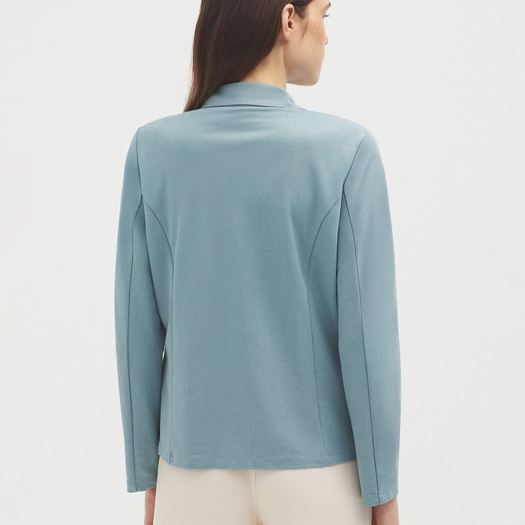 Dusty blue, long-sleeved blazer with a collared neckline, viewed from the back.