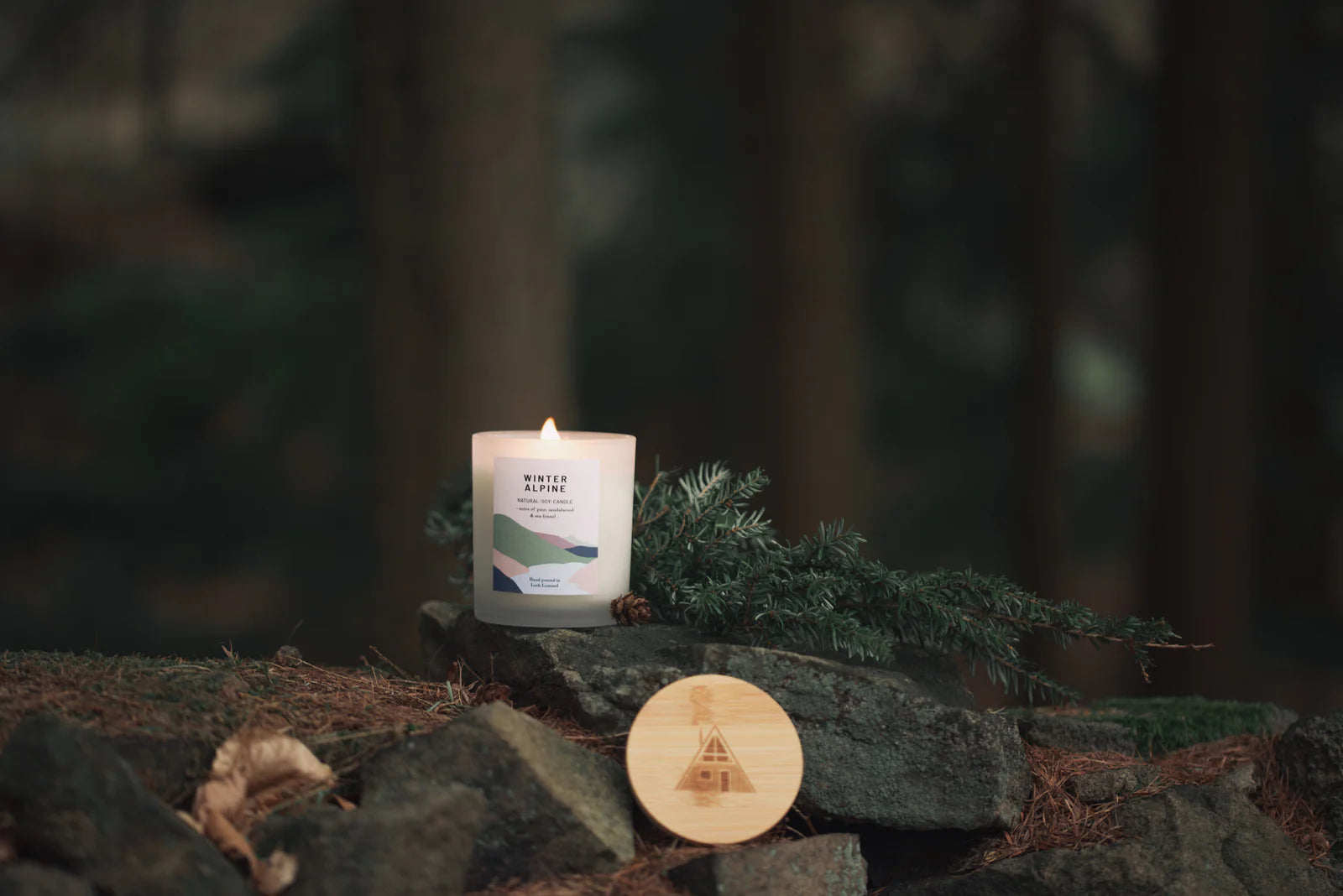 Lit Winter Alpine soy candle in frosted glass jar with minimalist label, resting on rocks with pine branch.