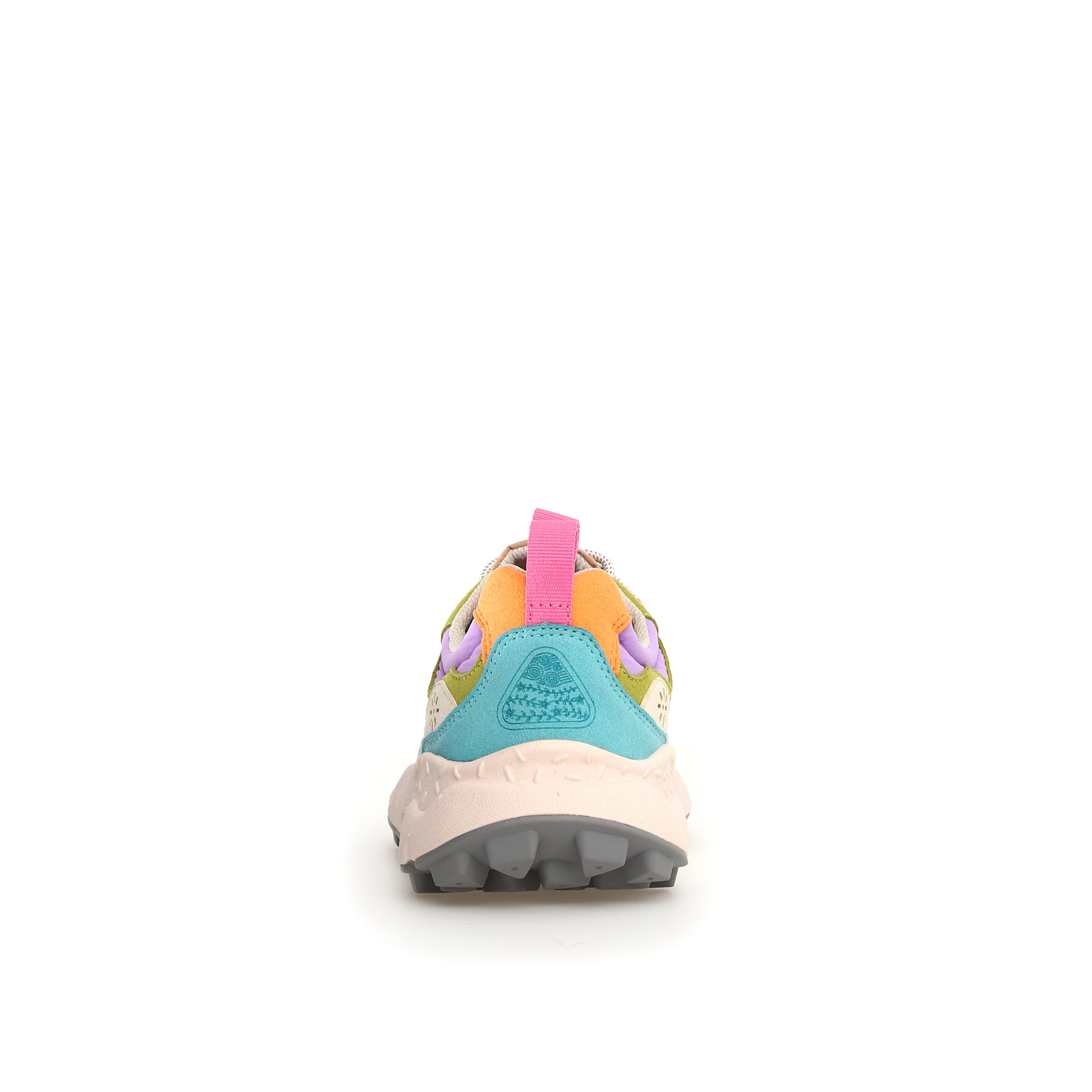 Multicolored sneaker with a chunky sole, featuring light green, teal, orange, and purple accents.