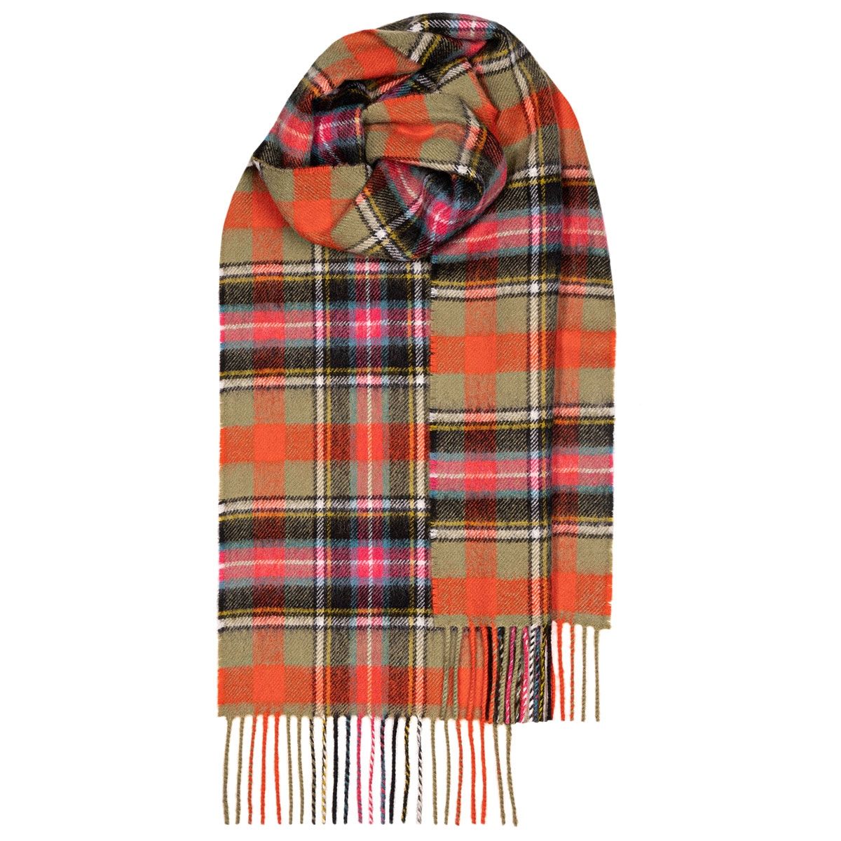 Orange and olive green plaid scarf with multicolored fringe.
