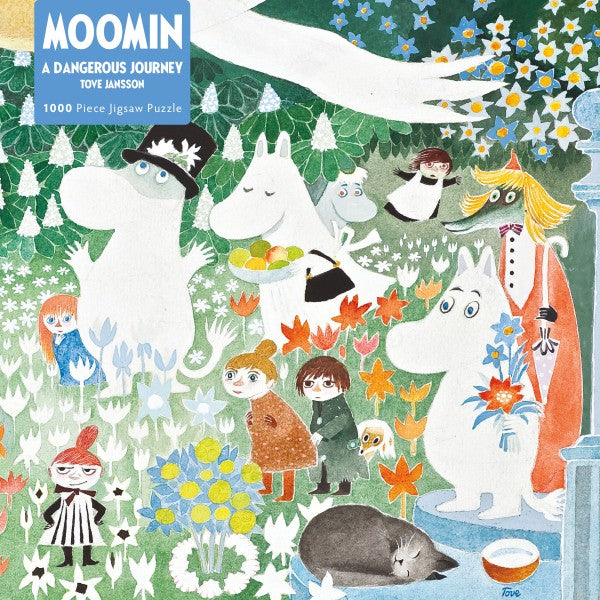 1000-piece Moomin jigsaw puzzle depicting Moomins in a garden setting, featuring flowers and various characters from the