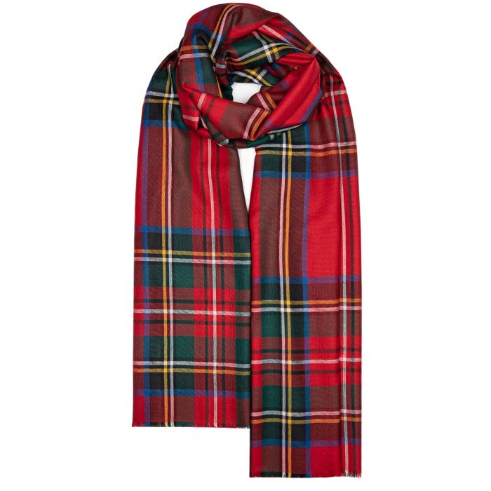 Red plaid scarf with green, blue, and yellow stripes.