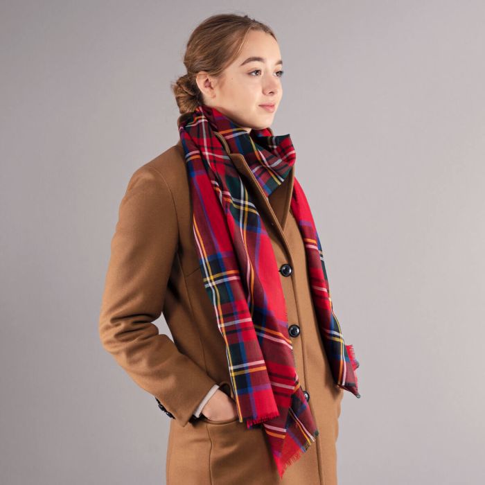 Red and dark green plaid wool scarf, fringed edges.