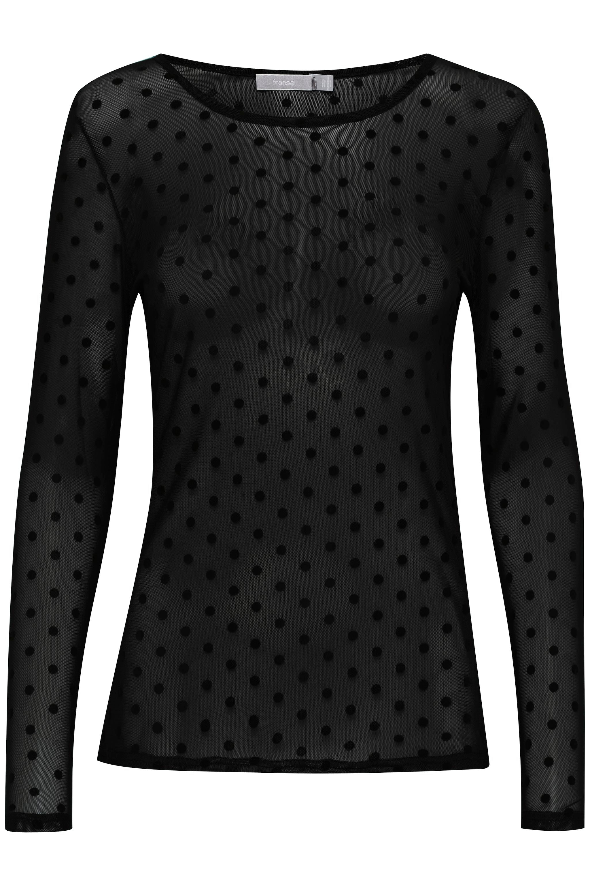 Black sheer long-sleeved top with a round neck and a polka dot pattern.