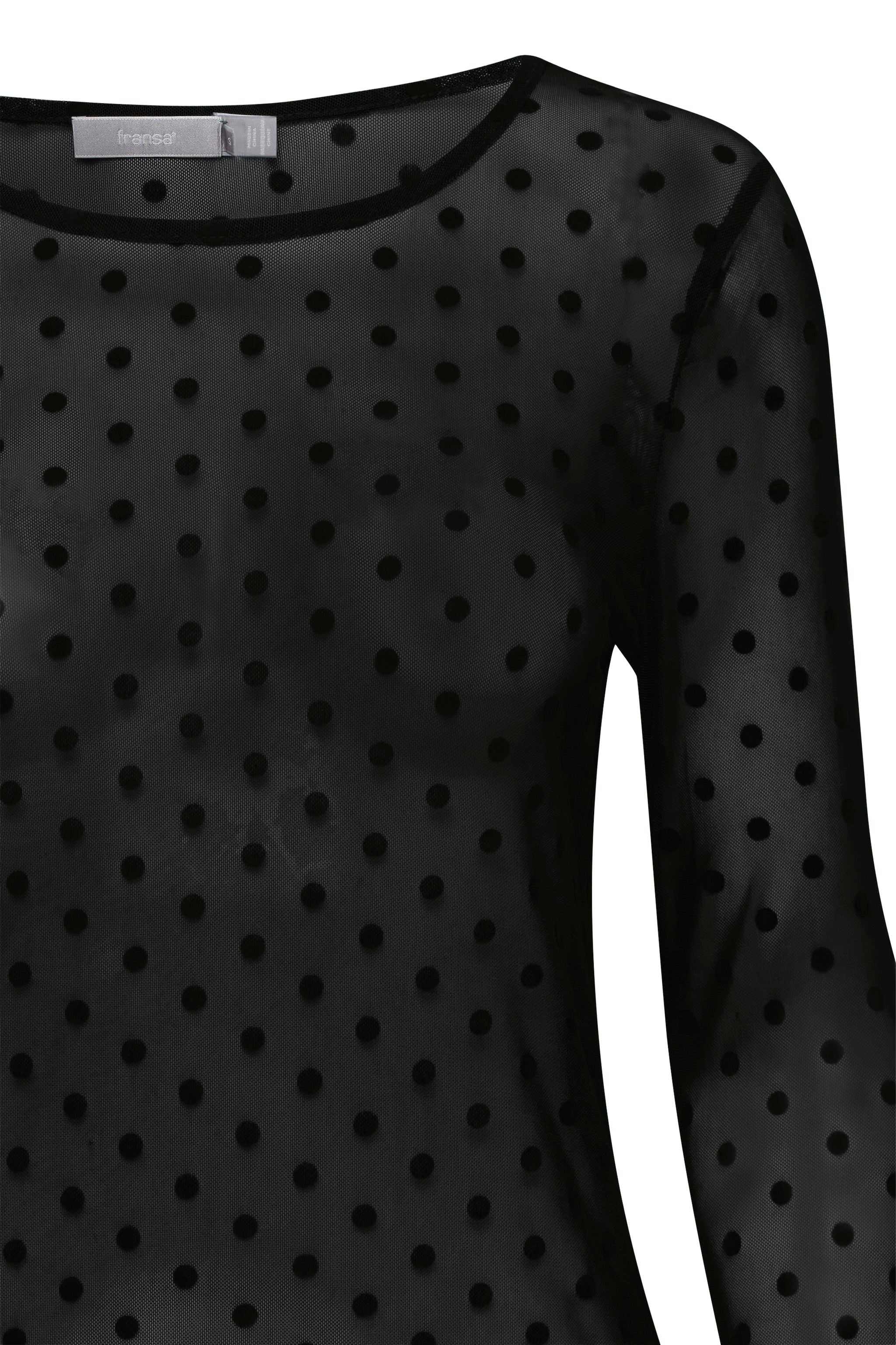 Black sheer long-sleeved top with a polka dot pattern.