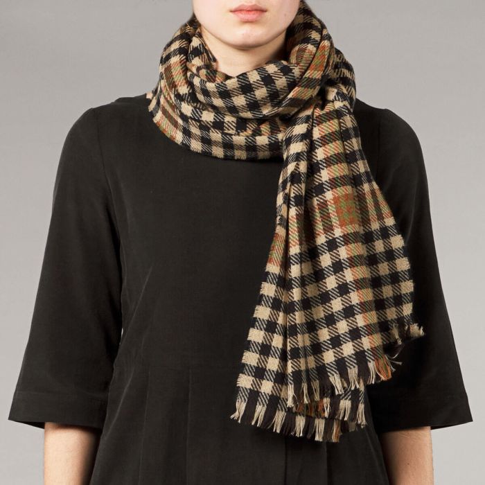 Black, beige, and brown gingham check wool scarf. Frayed edges.