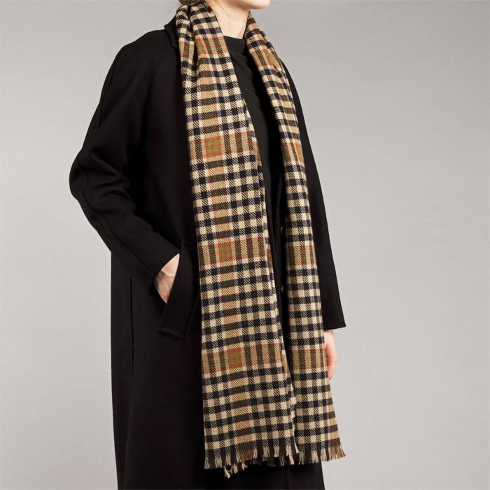 Beige, black, and brown gingham check wool scarf with frayed edges.