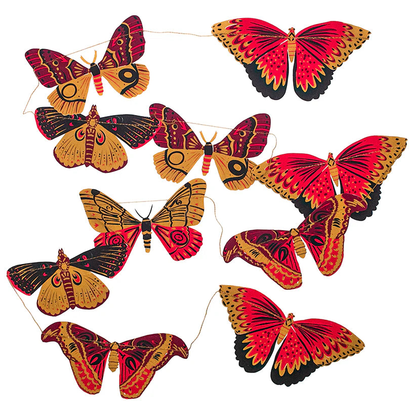 Paper butterfly garland with red and gold butterflies. Various sizes and designs.