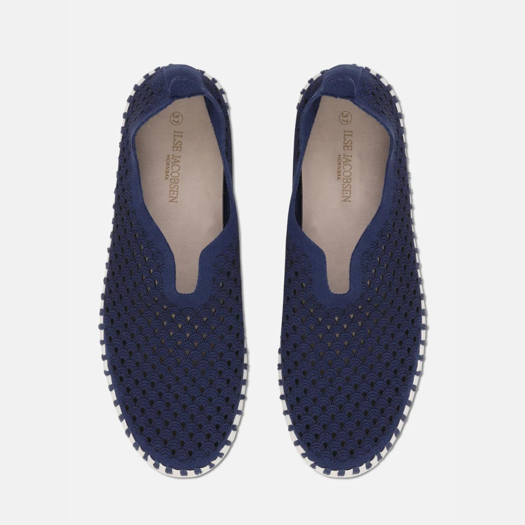 Ilse Jacobsen Hornbæk navy blue slip-on shoes; size 37; textured fabric with cut-out wave pattern; white trim.