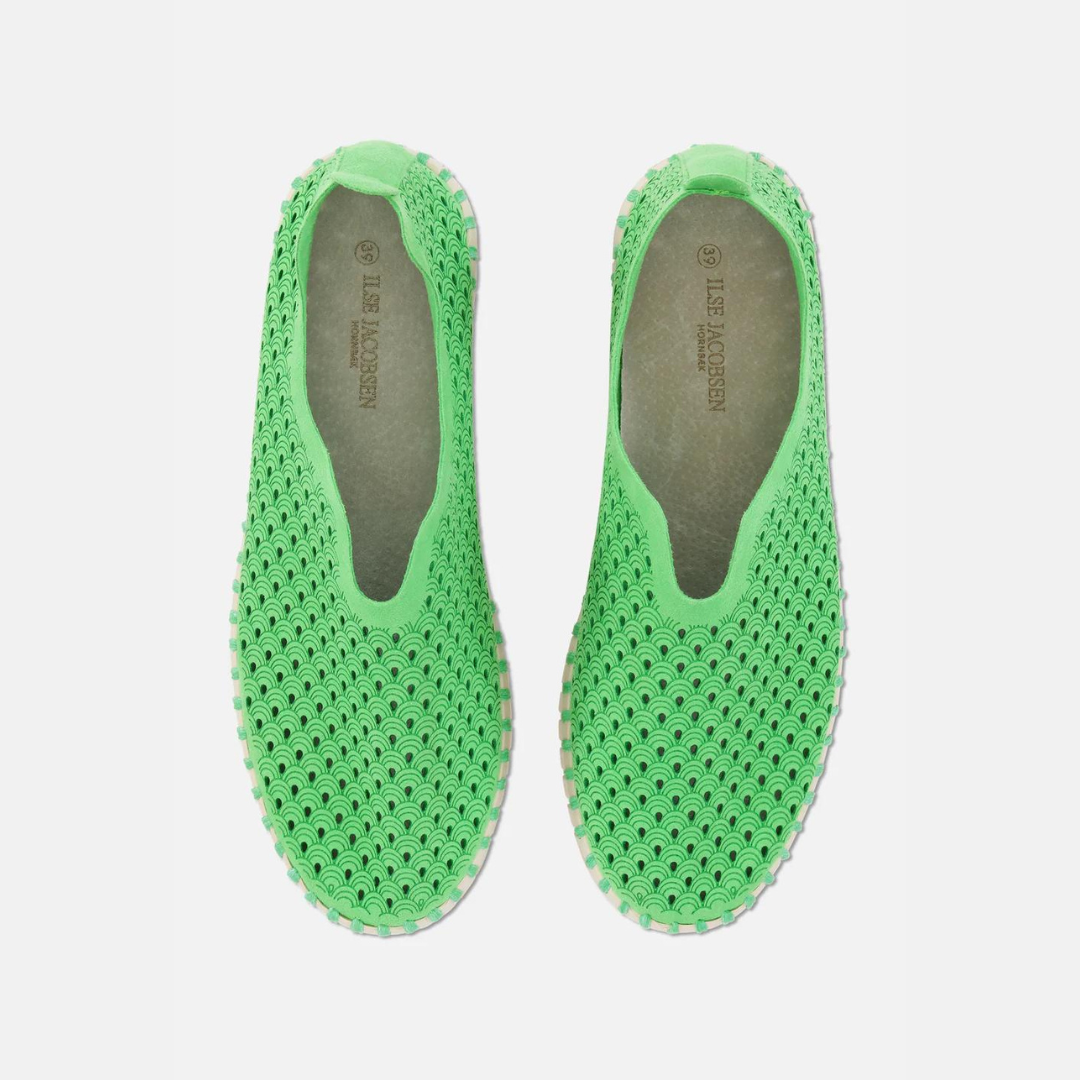 Ilse Jacobsen Hornbaek women's green slip-on shoes with a wave pattern and cream sole.