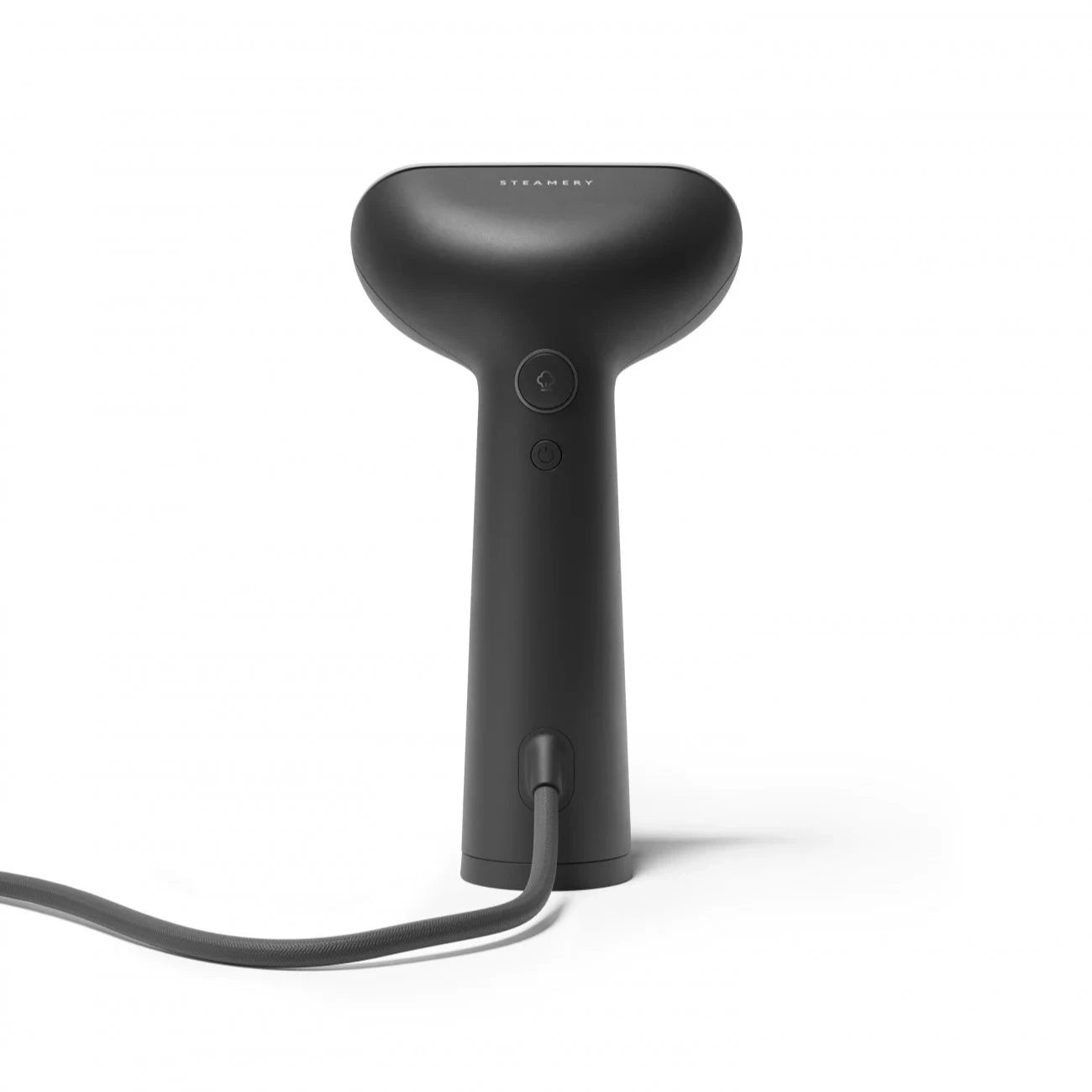 Black Steamer with cord, featuring a rounded top and two buttons.