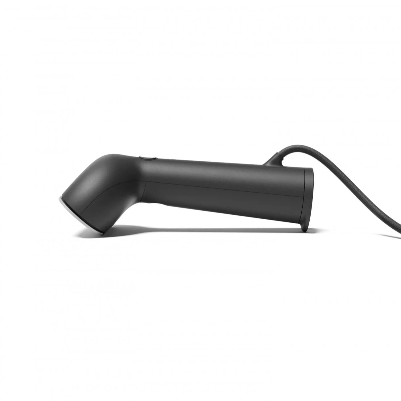Black handheld garment steamer with a curved head and cord.