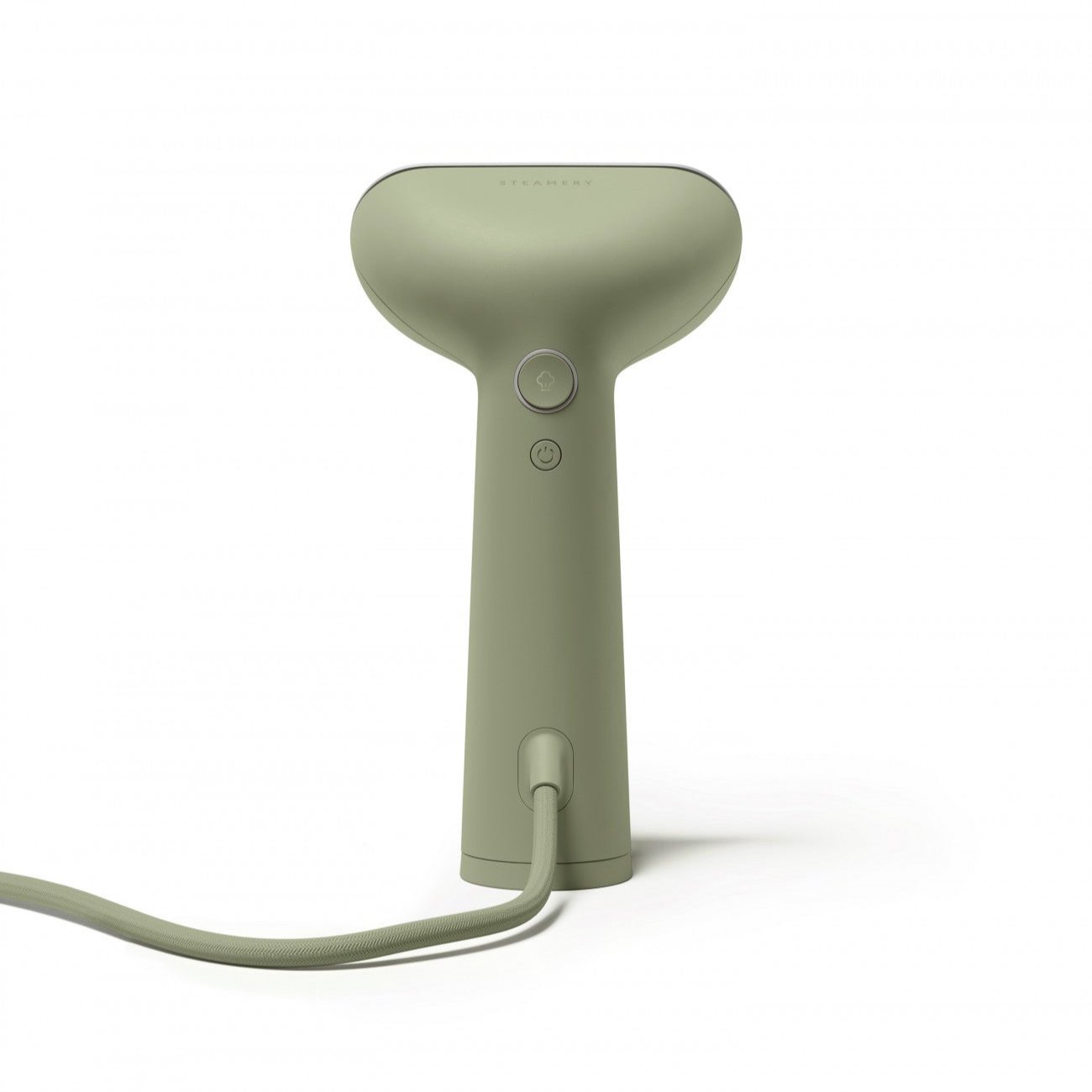 Sage green handheld garment steamer with power cord and two buttons.