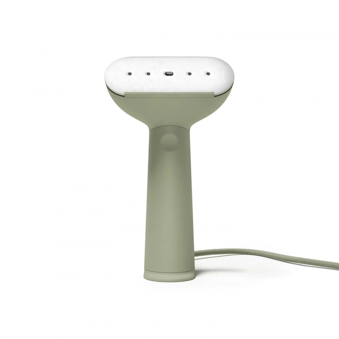Sage green handheld garment steamer with a white oval steaming head featuring multiple steam vents.