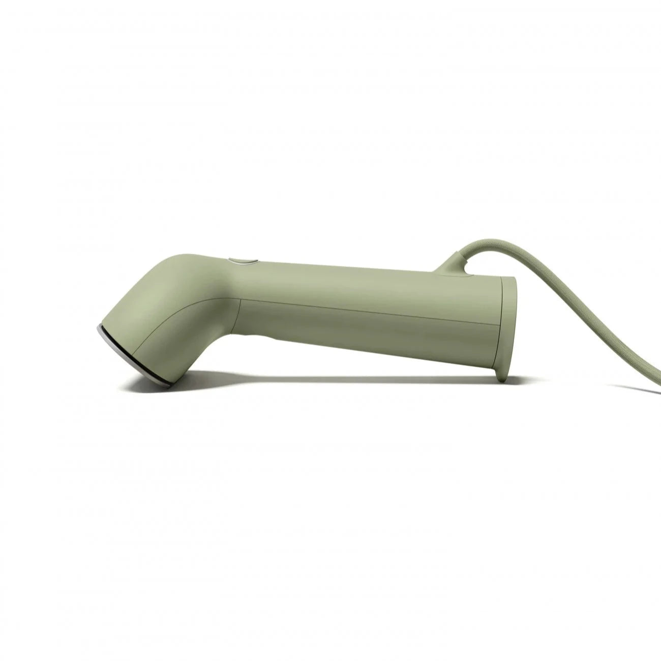 Sage green handheld garment steamer with a curved handle and cord.