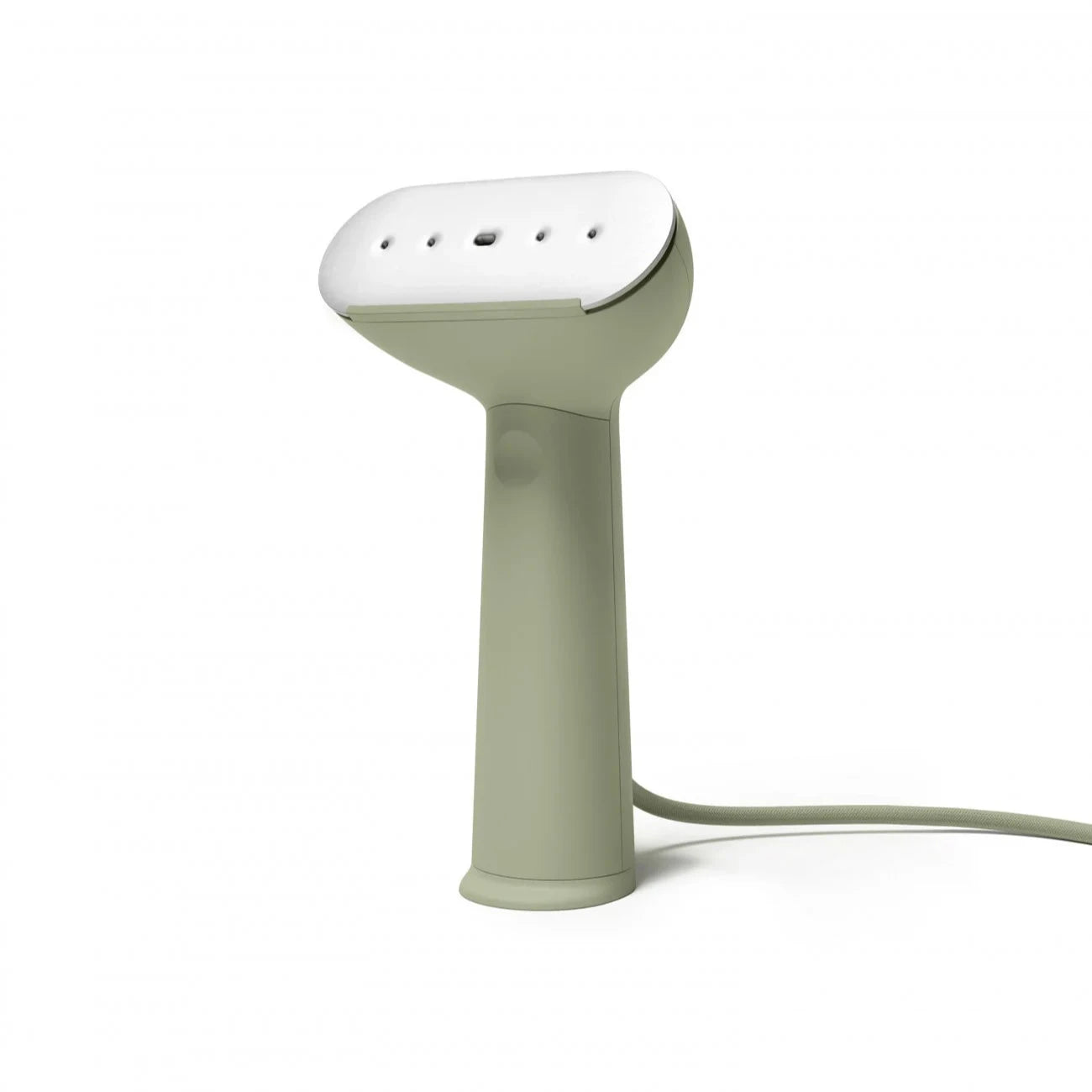 Sage green handheld garment steamer with a white top plate featuring multiple steam vents.