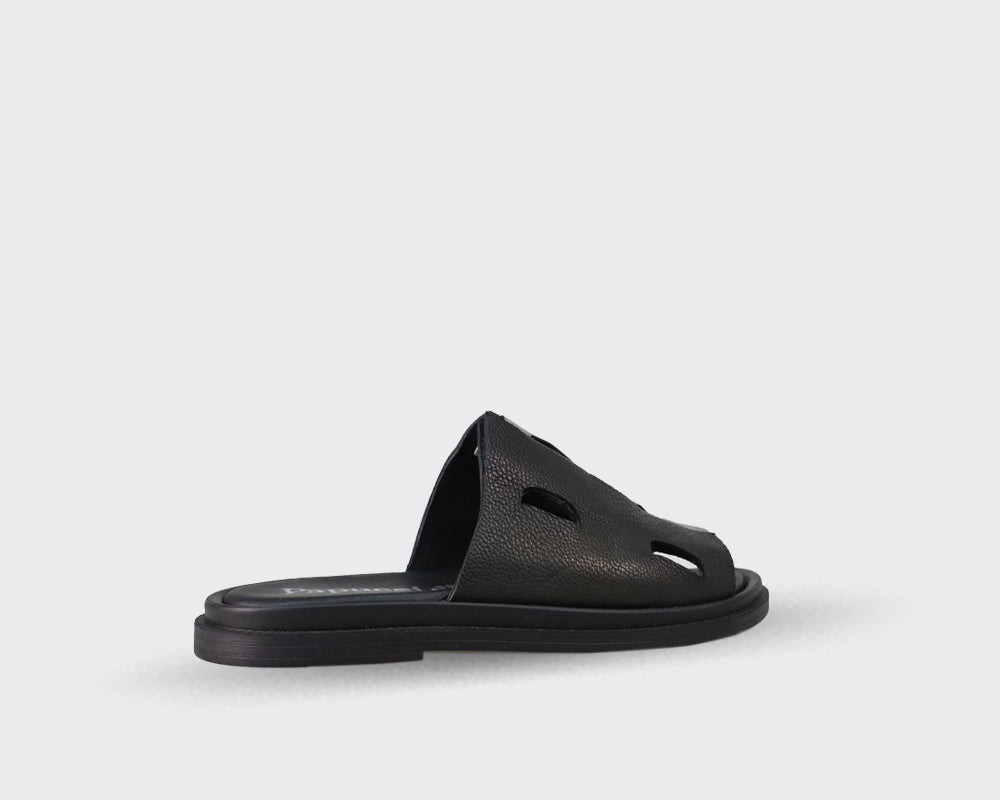 Black leather slide sandal with cut-out detailing and a flat sole.