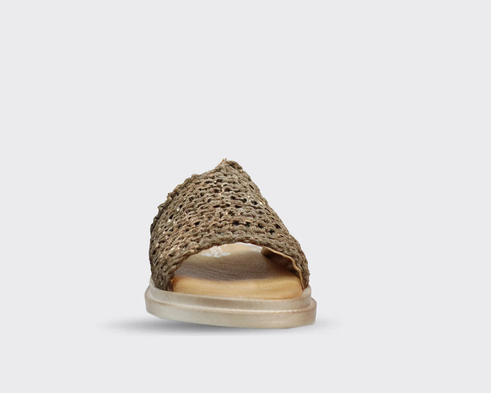 Gold woven slide sandal with a light beige footbed and platform sole.