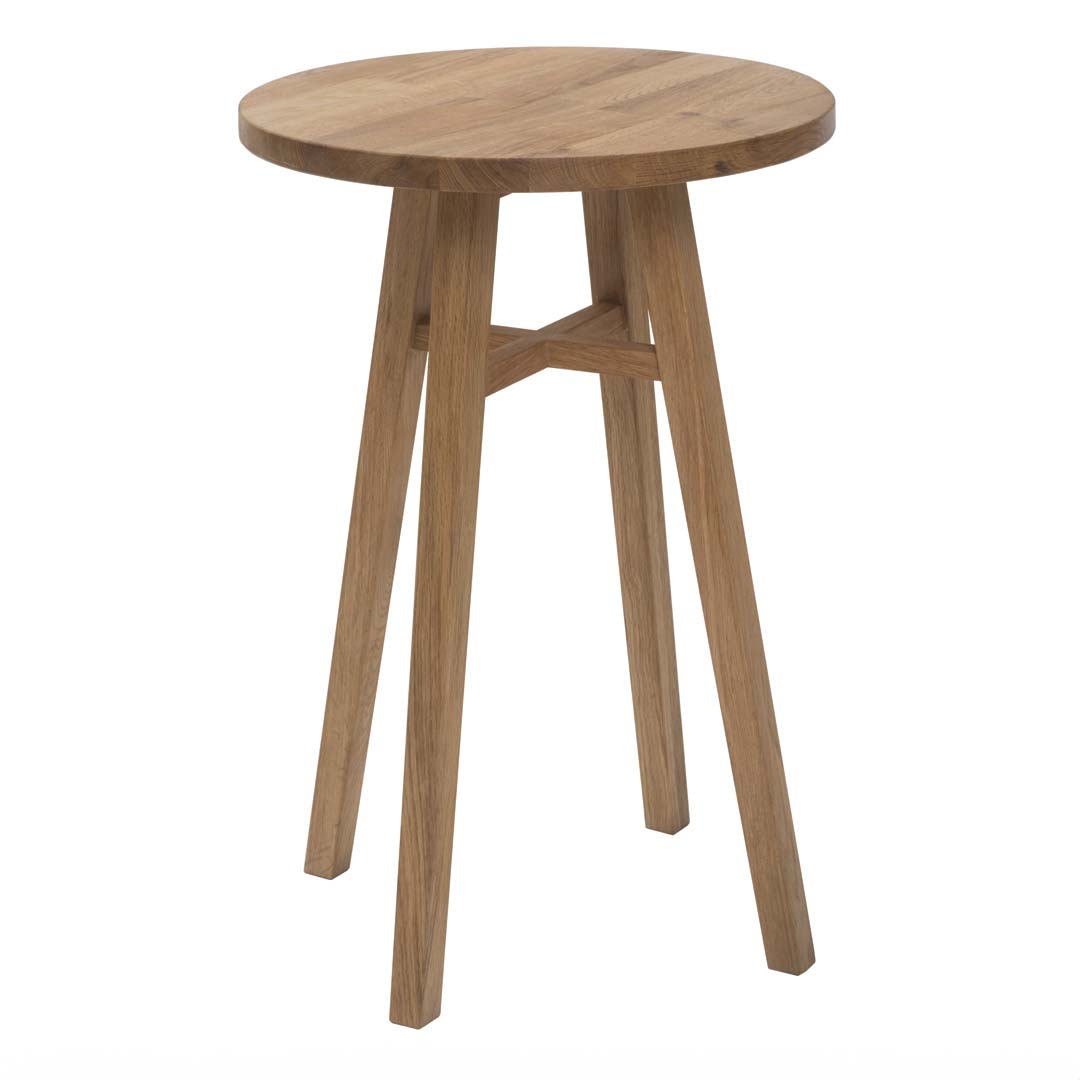 Light brown wooden side table with a round top and three angled legs.