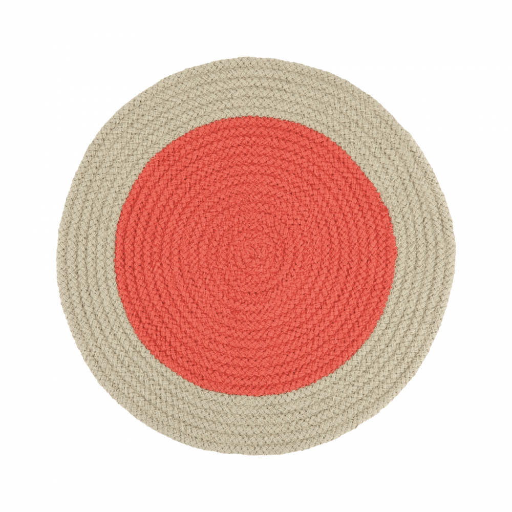 Round braided rug with coral center and beige outer ring.