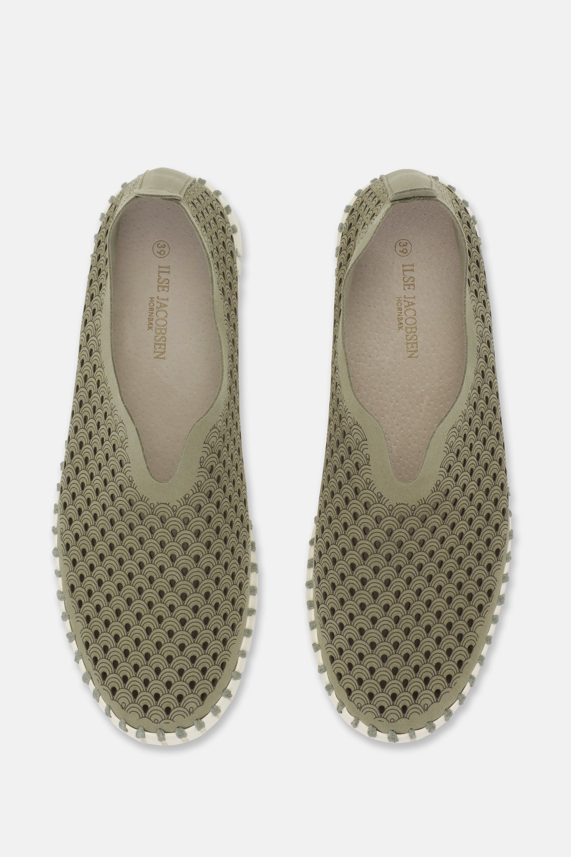 Ilse Jacobsen Hornbæk women's slip-on shoes, size 39, olive green with wave pattern perforations, off-white sole.