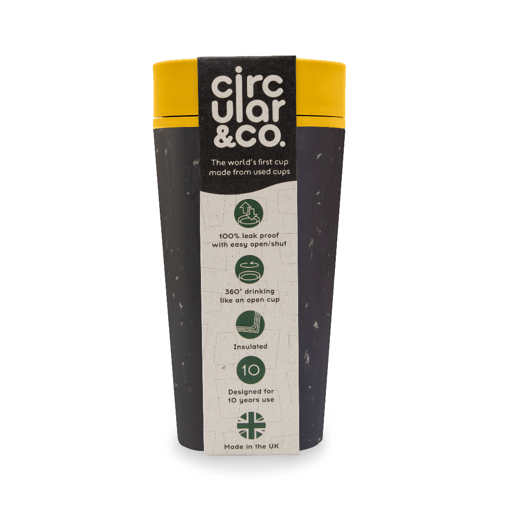 Circular & Co. reusable cup made from recycled cups; dark gray with yellow lid; leakproof, insulated, 360° drinking.